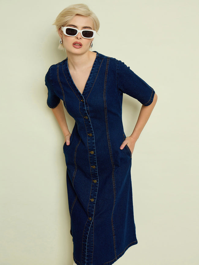 Women Navy Blue Denim V Neck Midi Dress