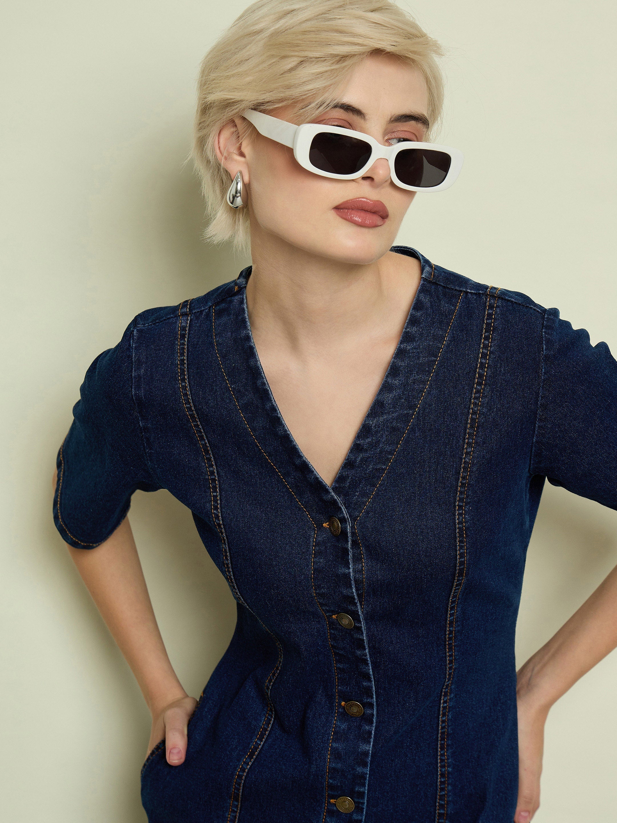 Women Navy Blue Denim V Neck Midi Dress