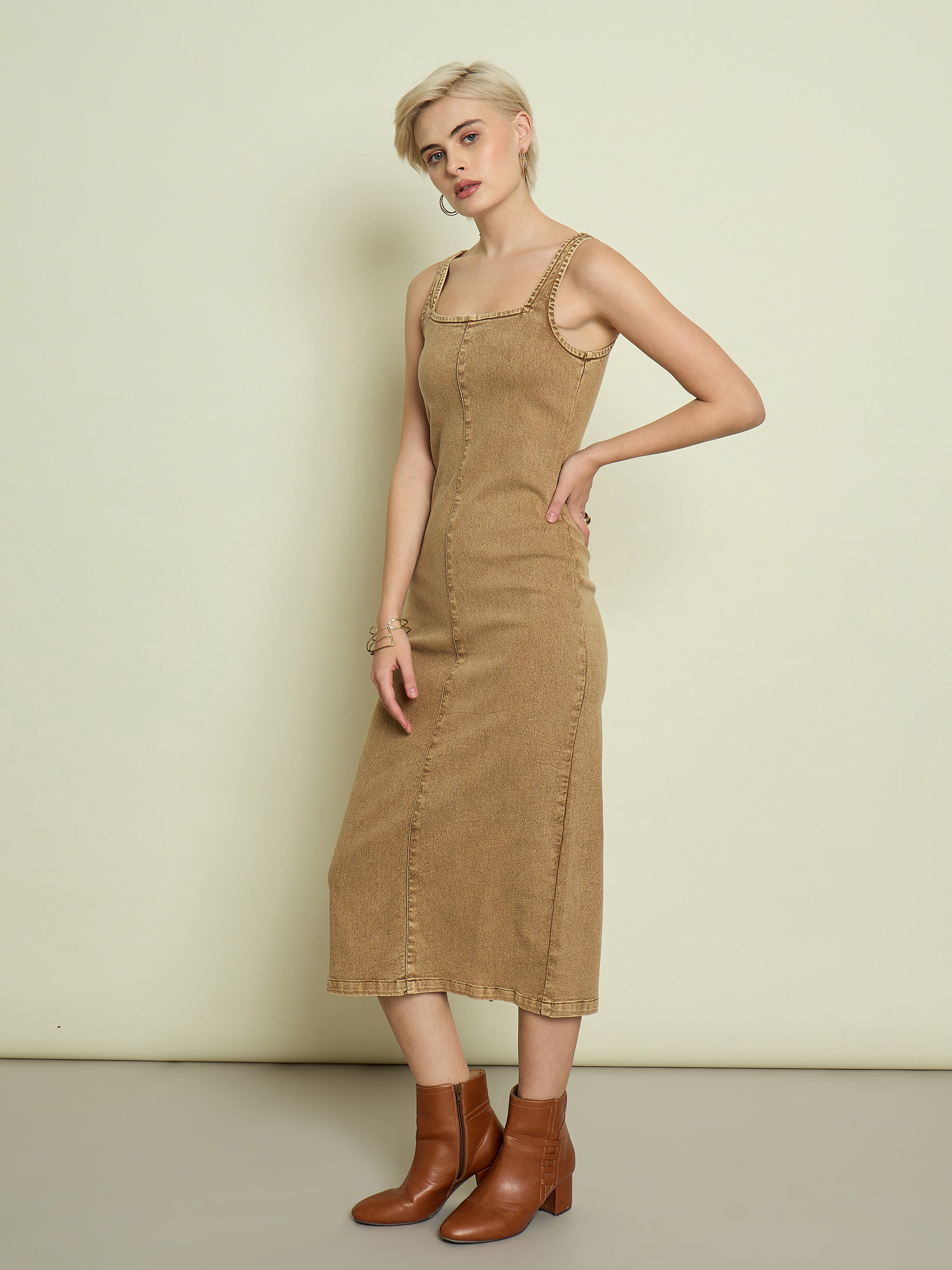 Women Beige Washed Denim Strappy Midi Dress