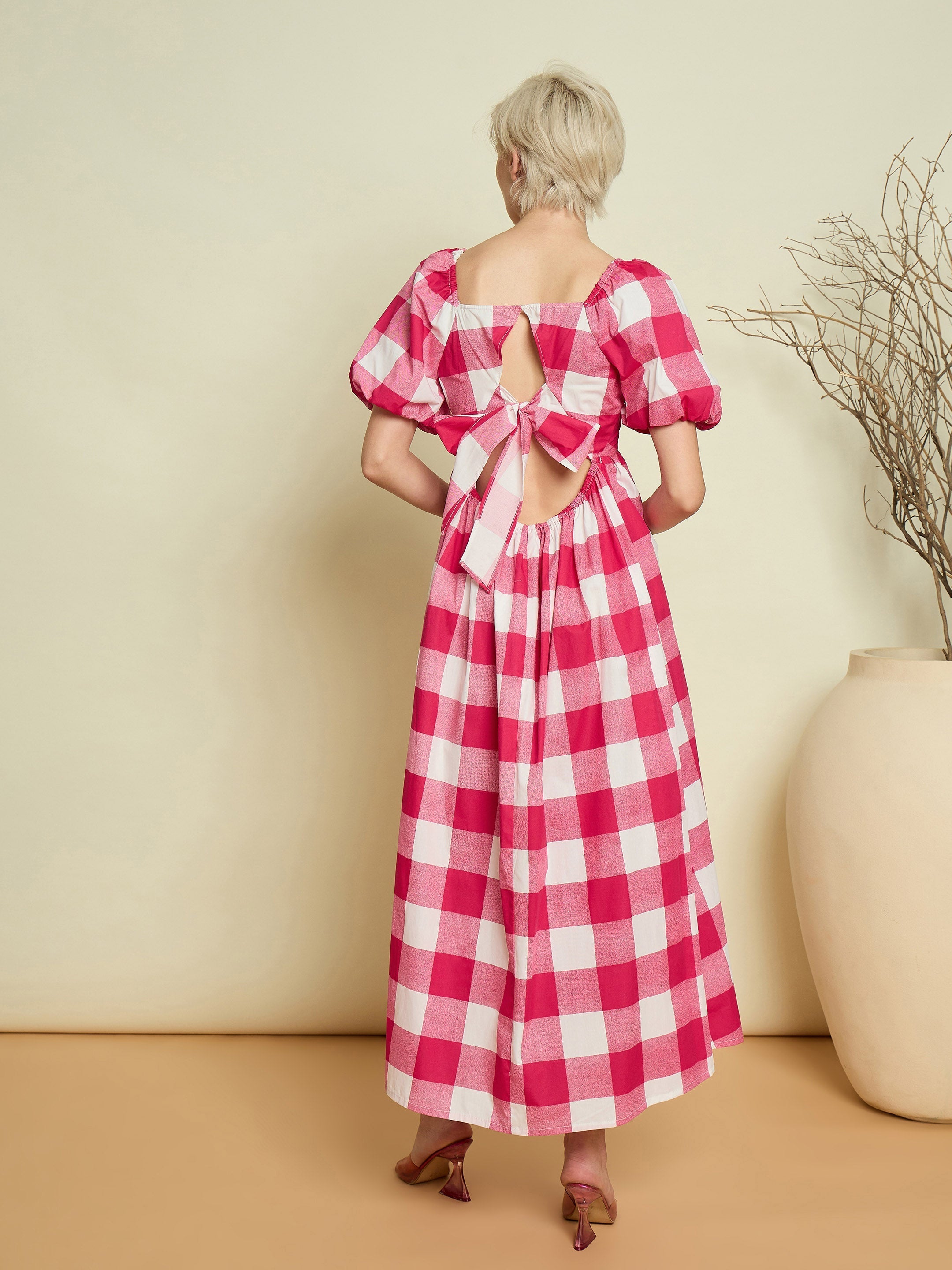 Women Pink Big Check Back Tie Knot Midi Dress