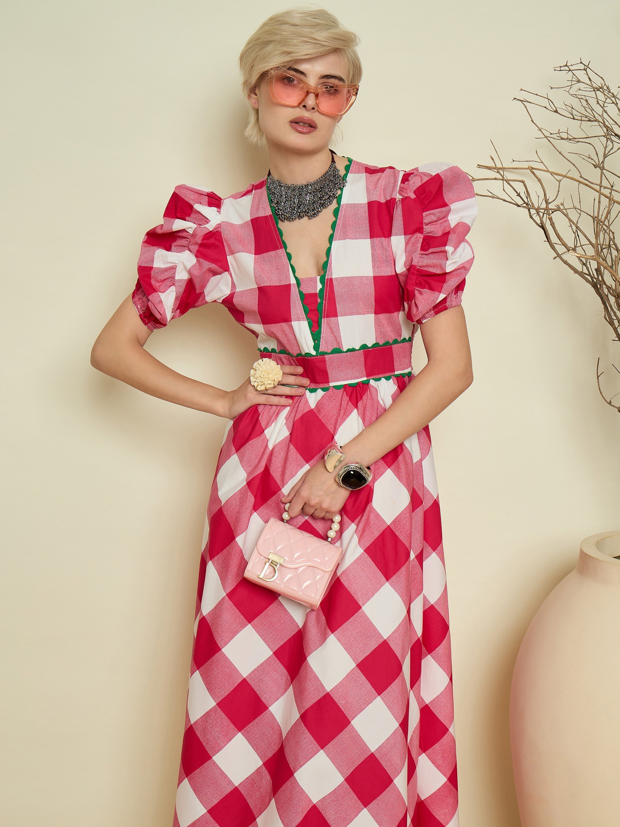 Women Pink Big Check A-Line Midi Dress