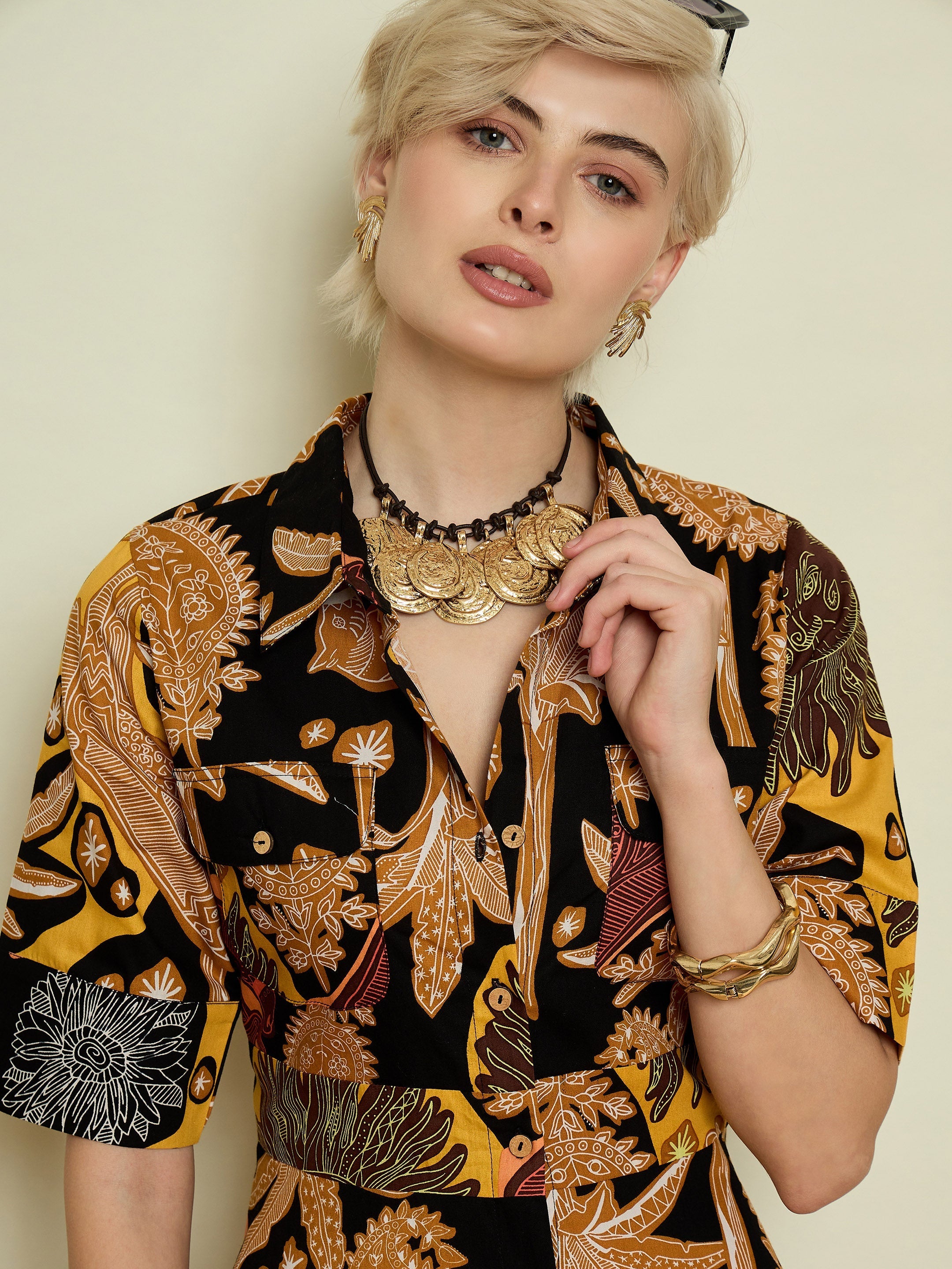 Women Black Boho Printed Button Placket A-Line Midi Dress