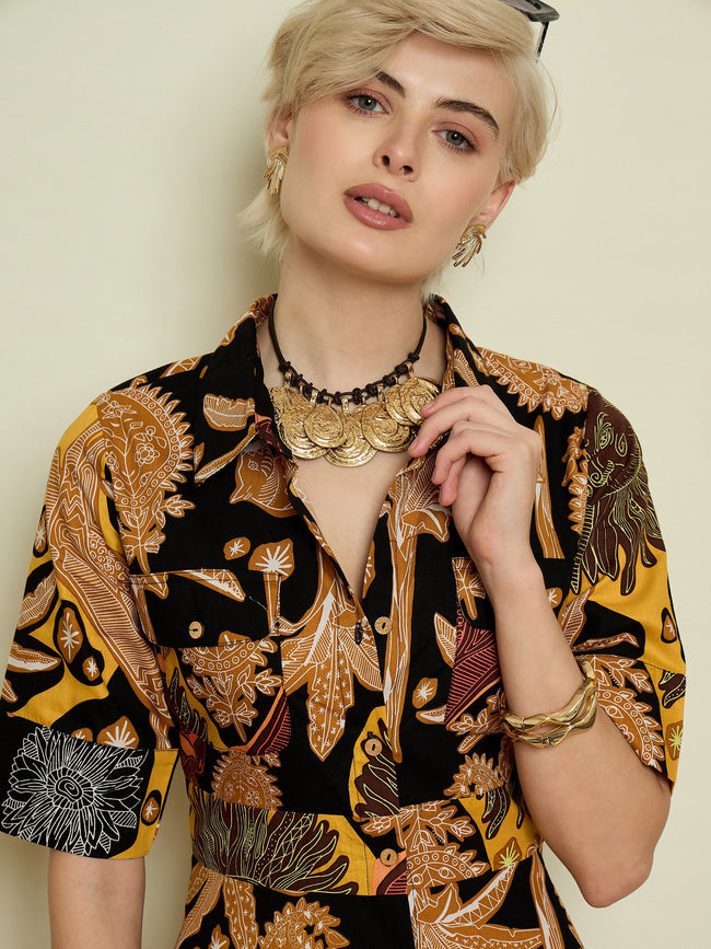 Women Black Boho Printed Button Placket A-Line Midi Dress