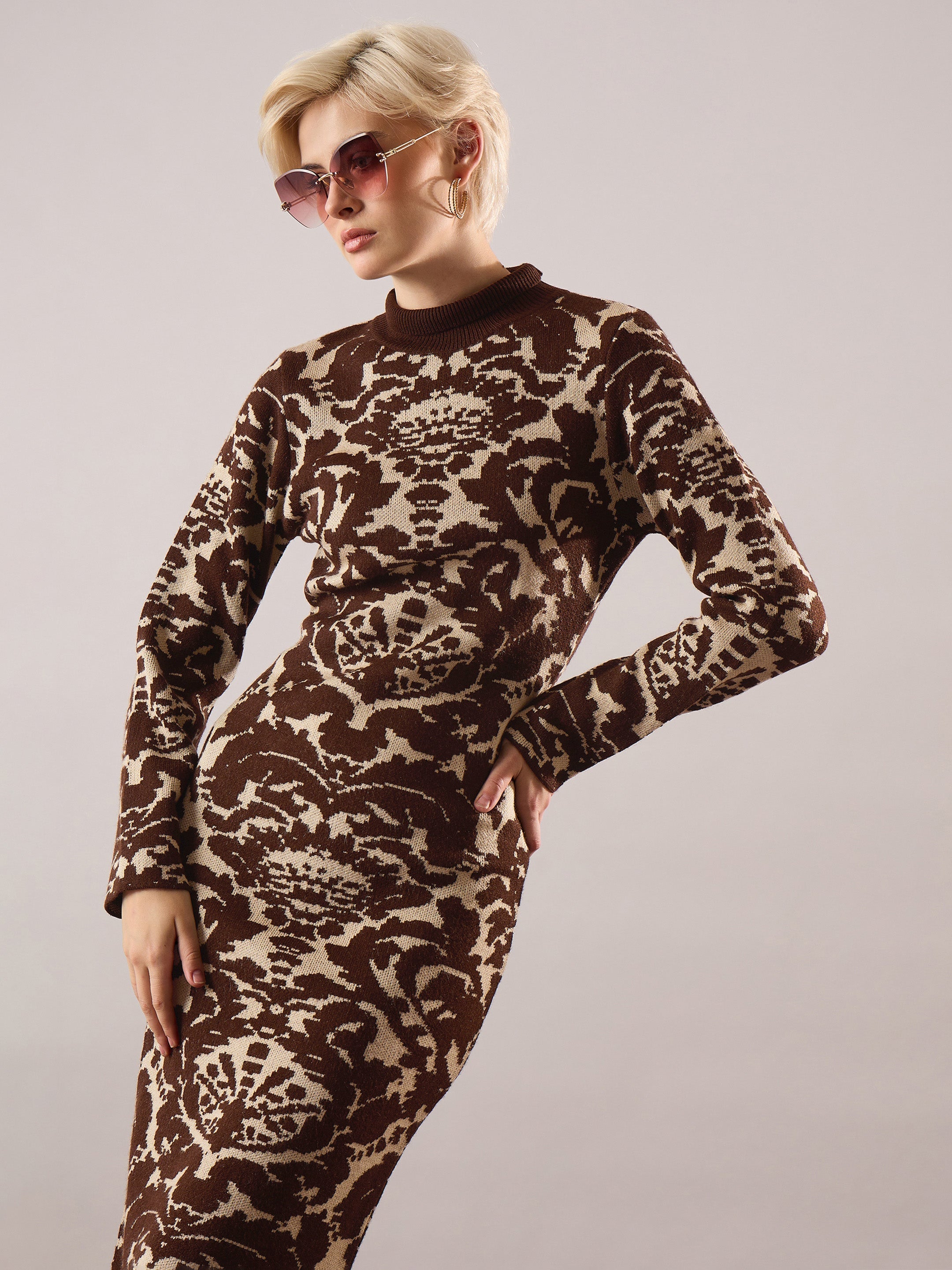 Women Brown Jaquard Acrylic Wool High Neck Hem Frindge Midi Dress