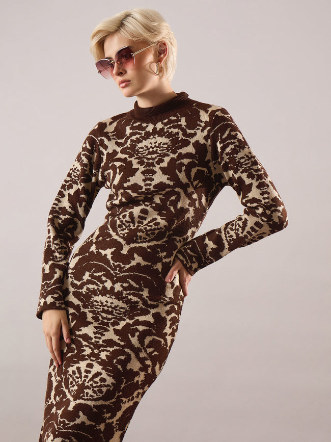 Women Brown Jaquard Acrylic Wool High Neck Hem Frindge Midi Dress