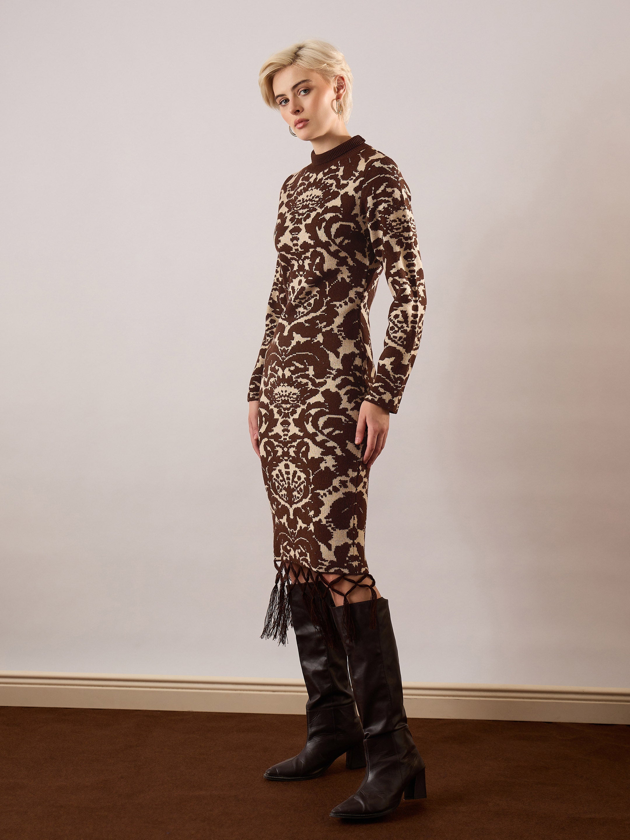 Women Brown Jaquard Acrylic Wool High Neck Hem Frindge Midi Dress