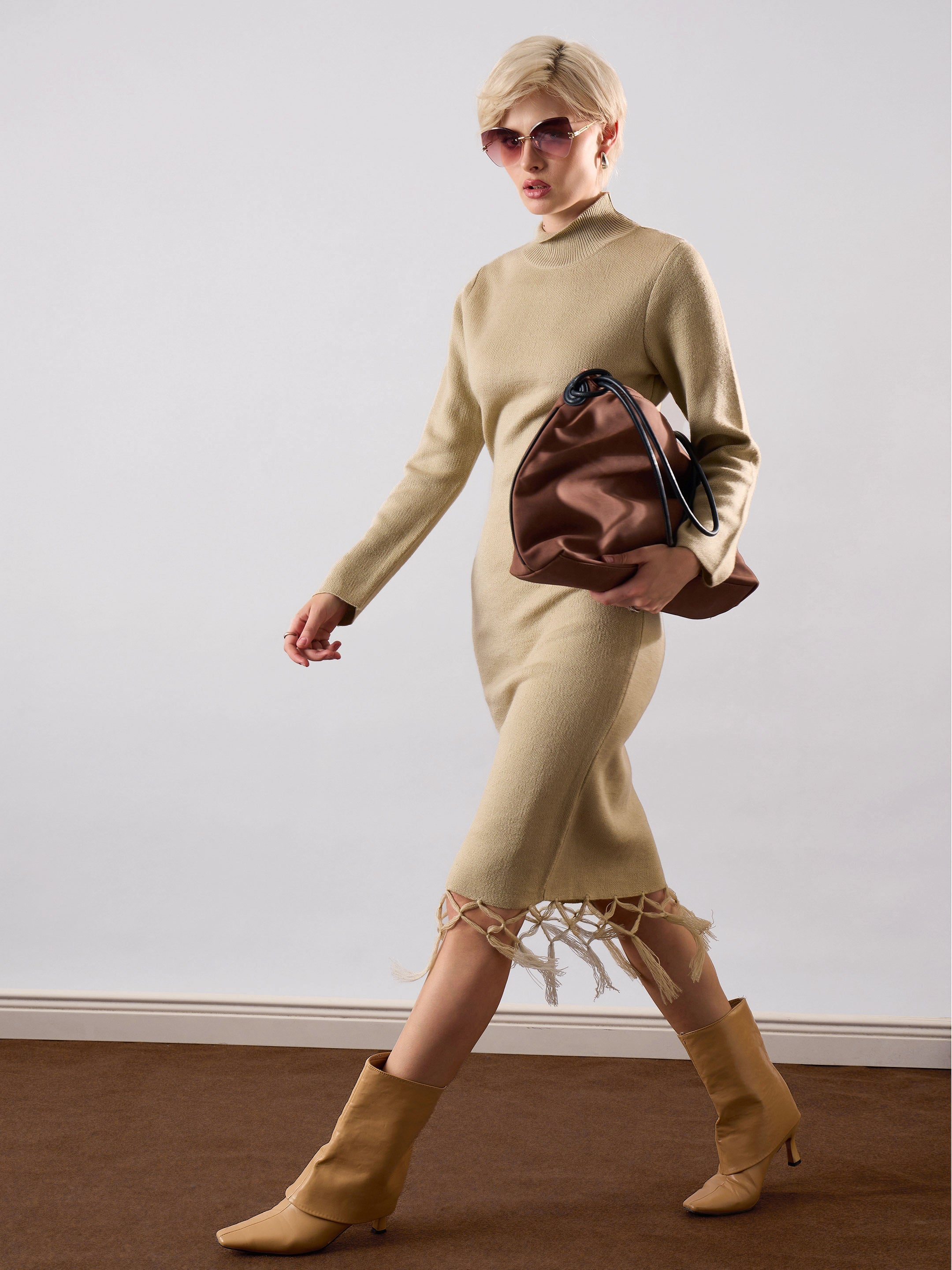 Women Beige Acrylic Wool Hem Frindge Detail Midi Dress