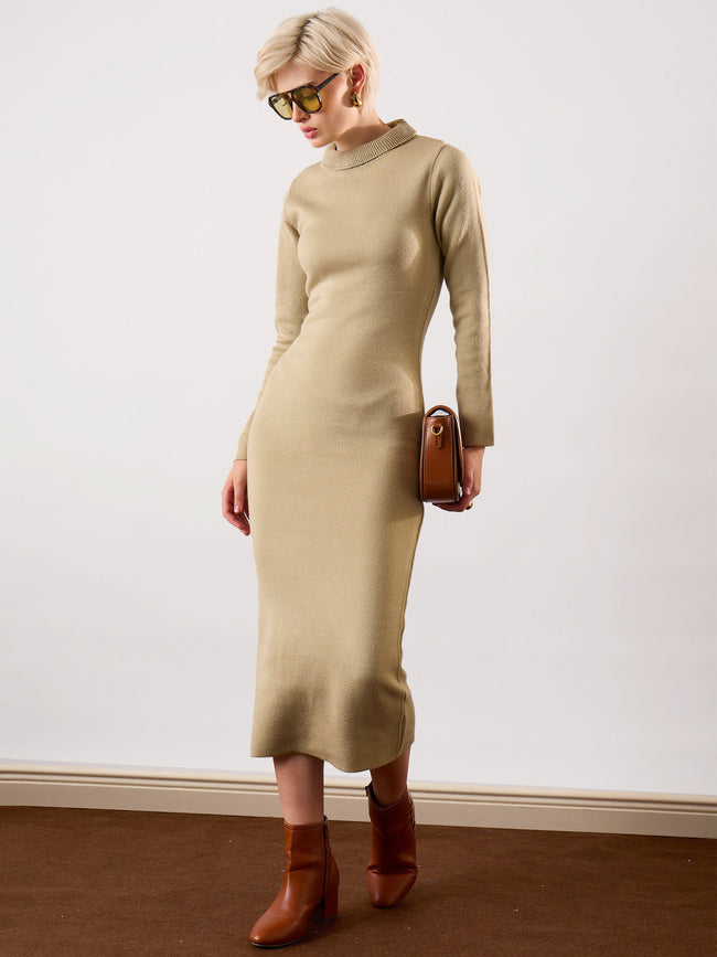 Women Beige Acrylic Wool High Neck Midi Dress