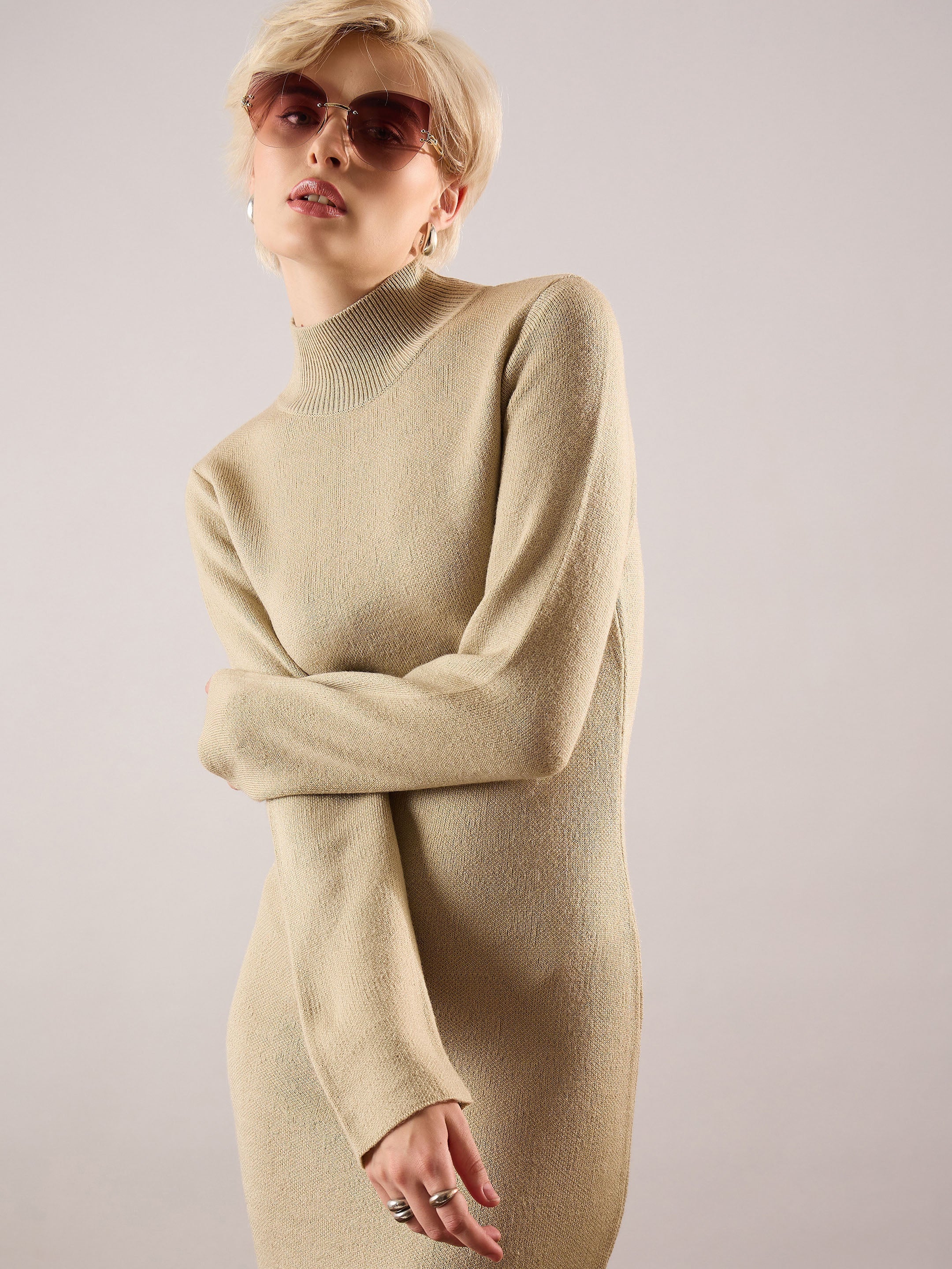 Women Beige Acrylic Wool High Neck Midi Dress