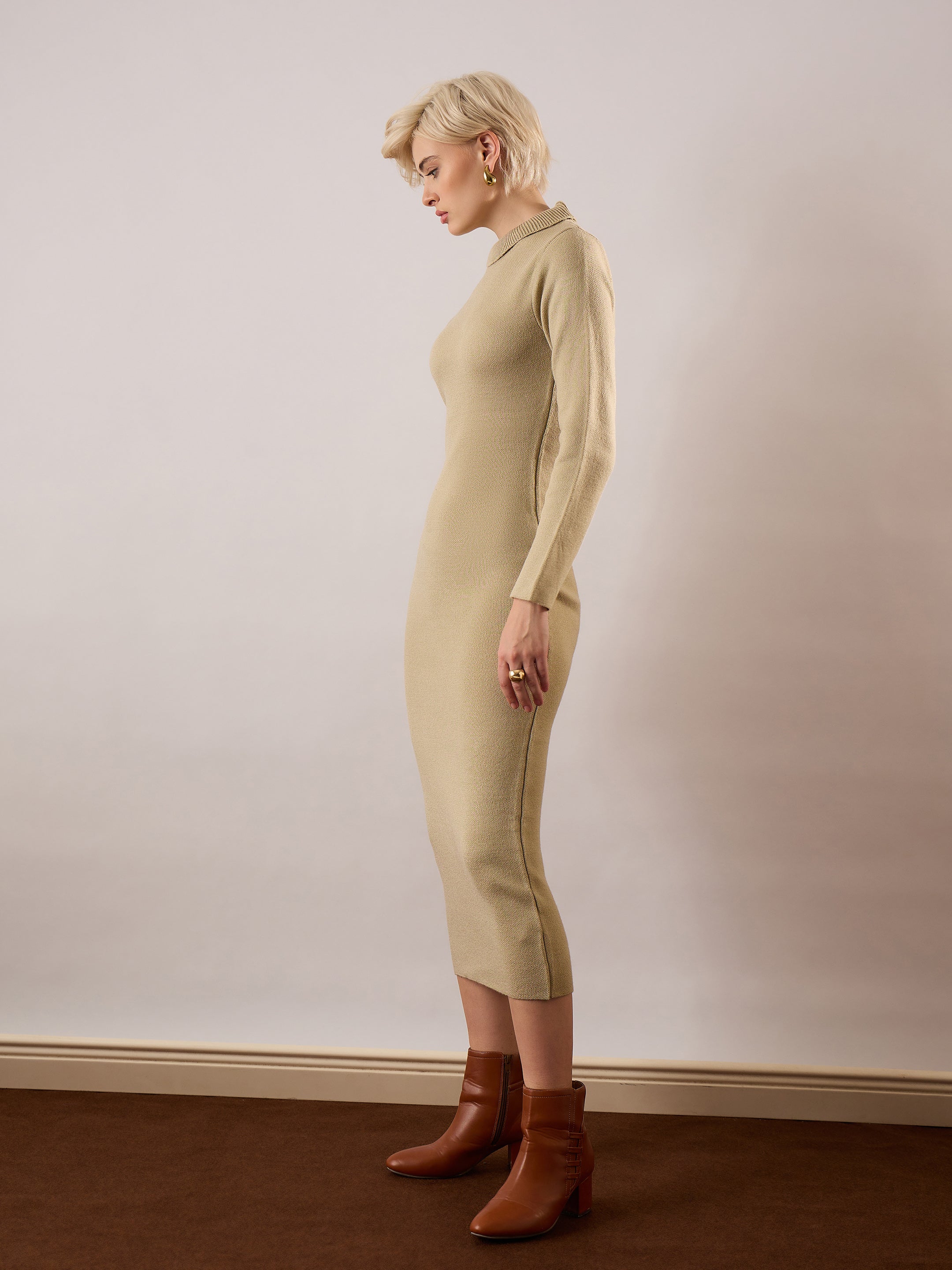 Women Beige Acrylic Wool High Neck Midi Dress