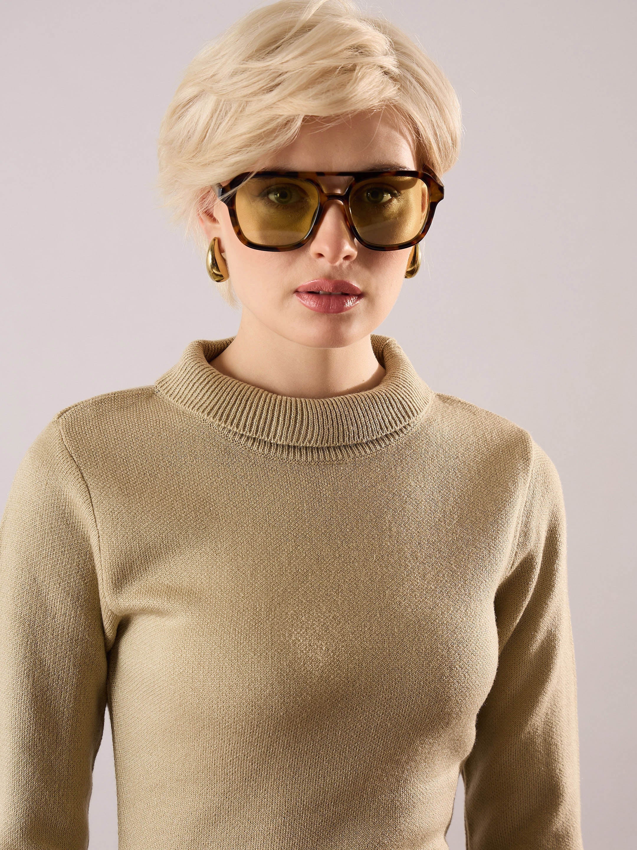 Women Beige Acrylic Wool High Neck Midi Dress