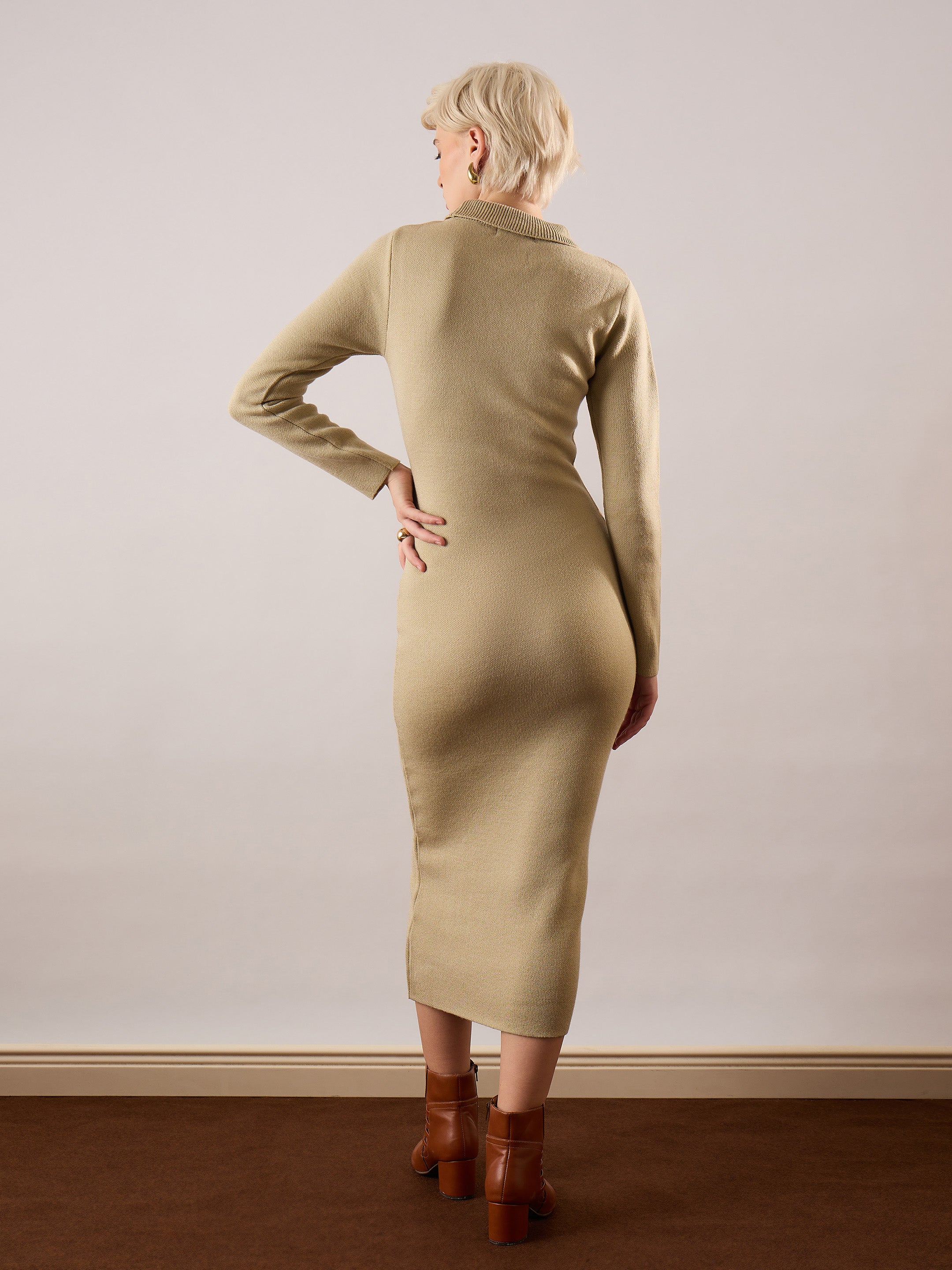 Women Beige Acrylic Wool High Neck Midi Dress