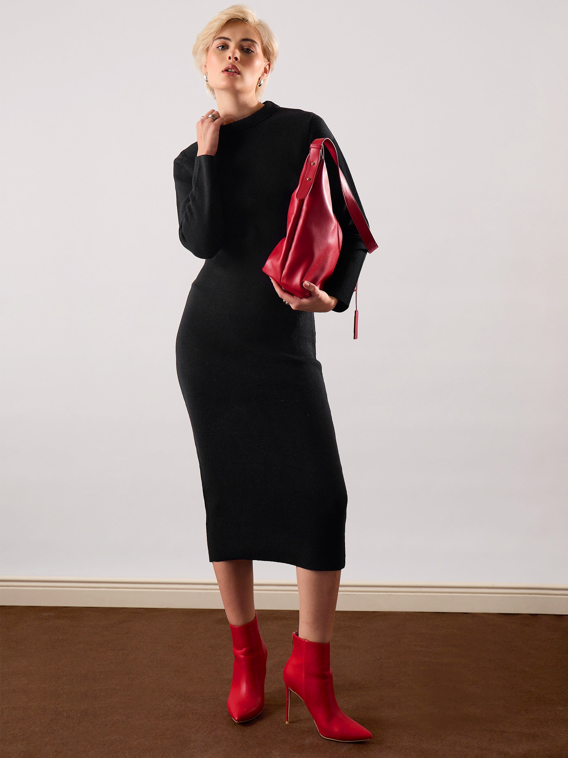 Women Black Acrylic Wool High Neck Midi Dress