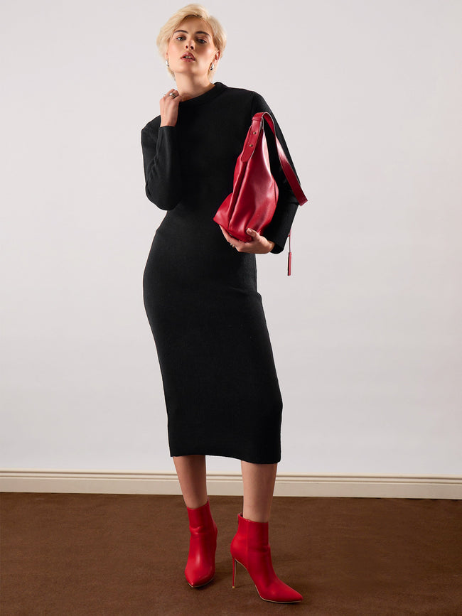 Women Black Acrylic Wool High Neck Midi Dress