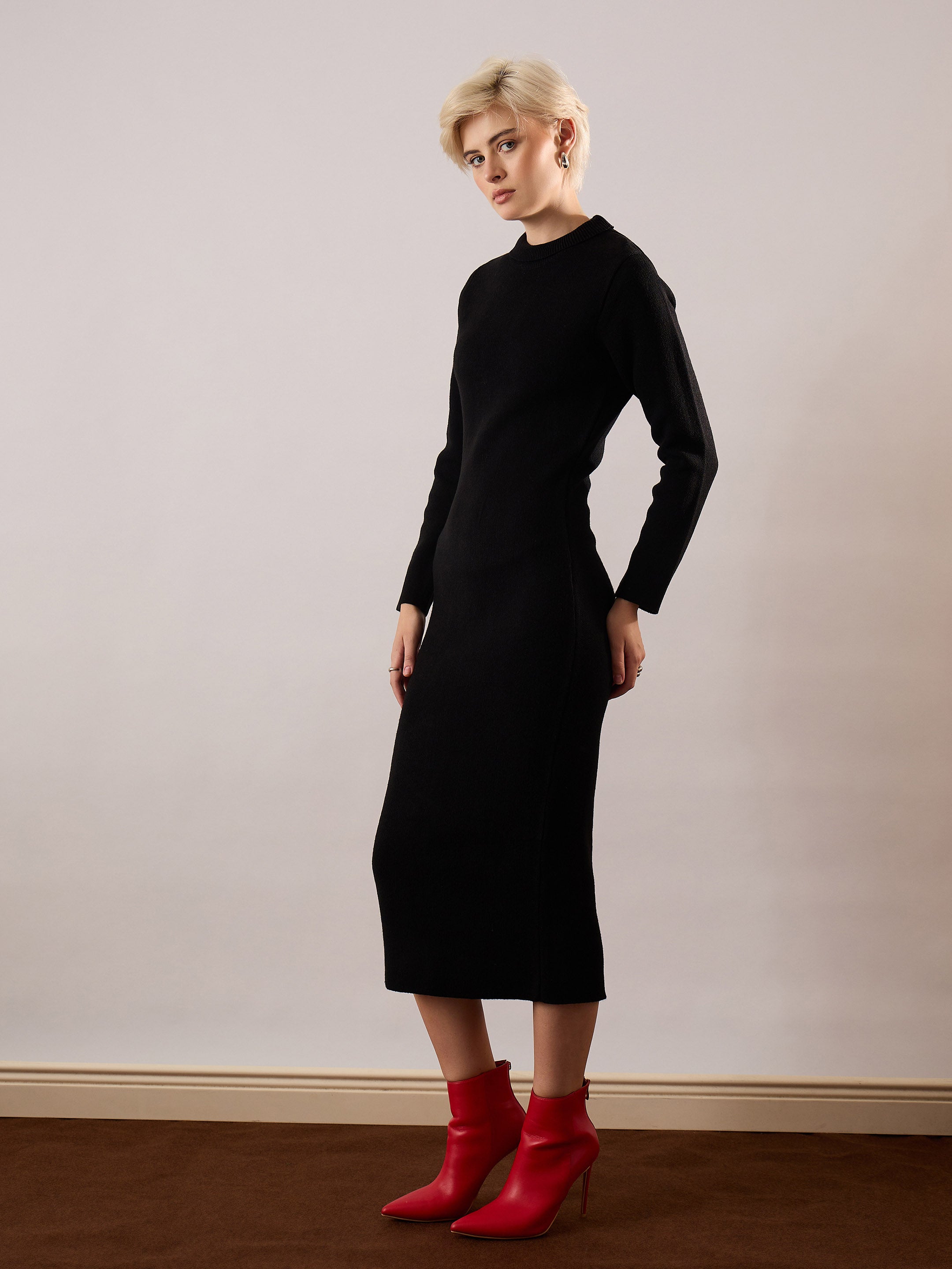 Women Black Acrylic Wool High Neck Midi Dress