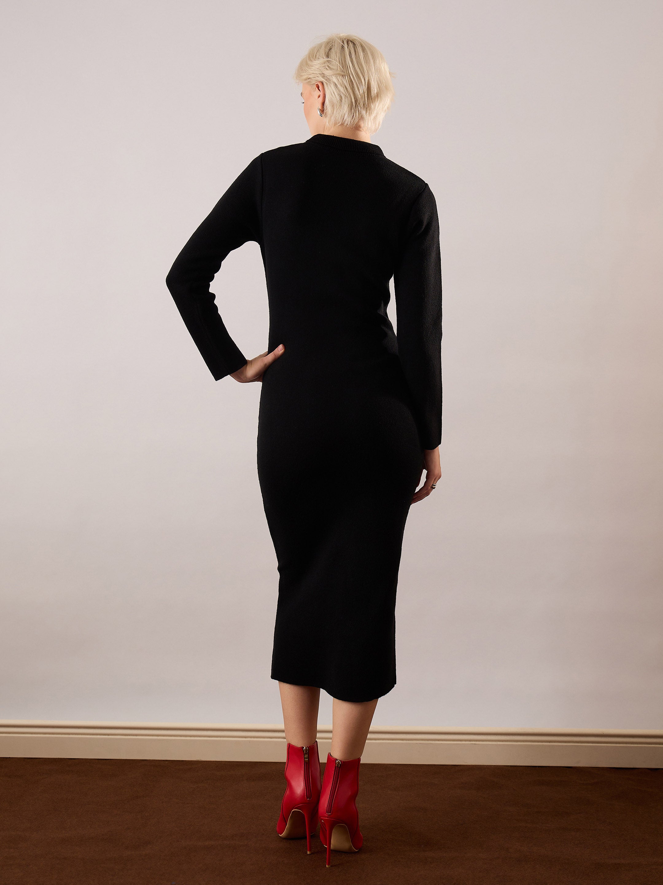 Women Black Acrylic Wool High Neck Midi Dress