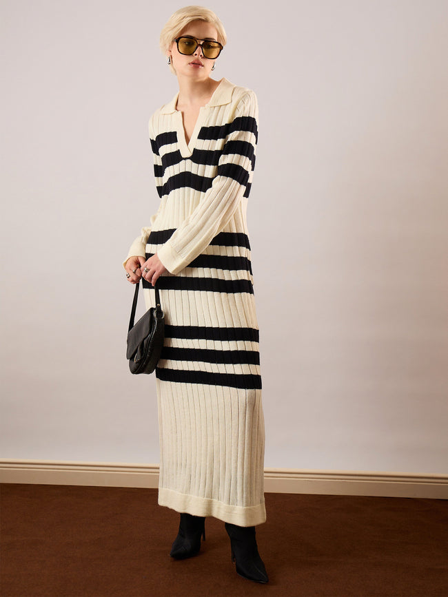 Women Black & Off White Striped Acrylic Wool Collar Midi Dress