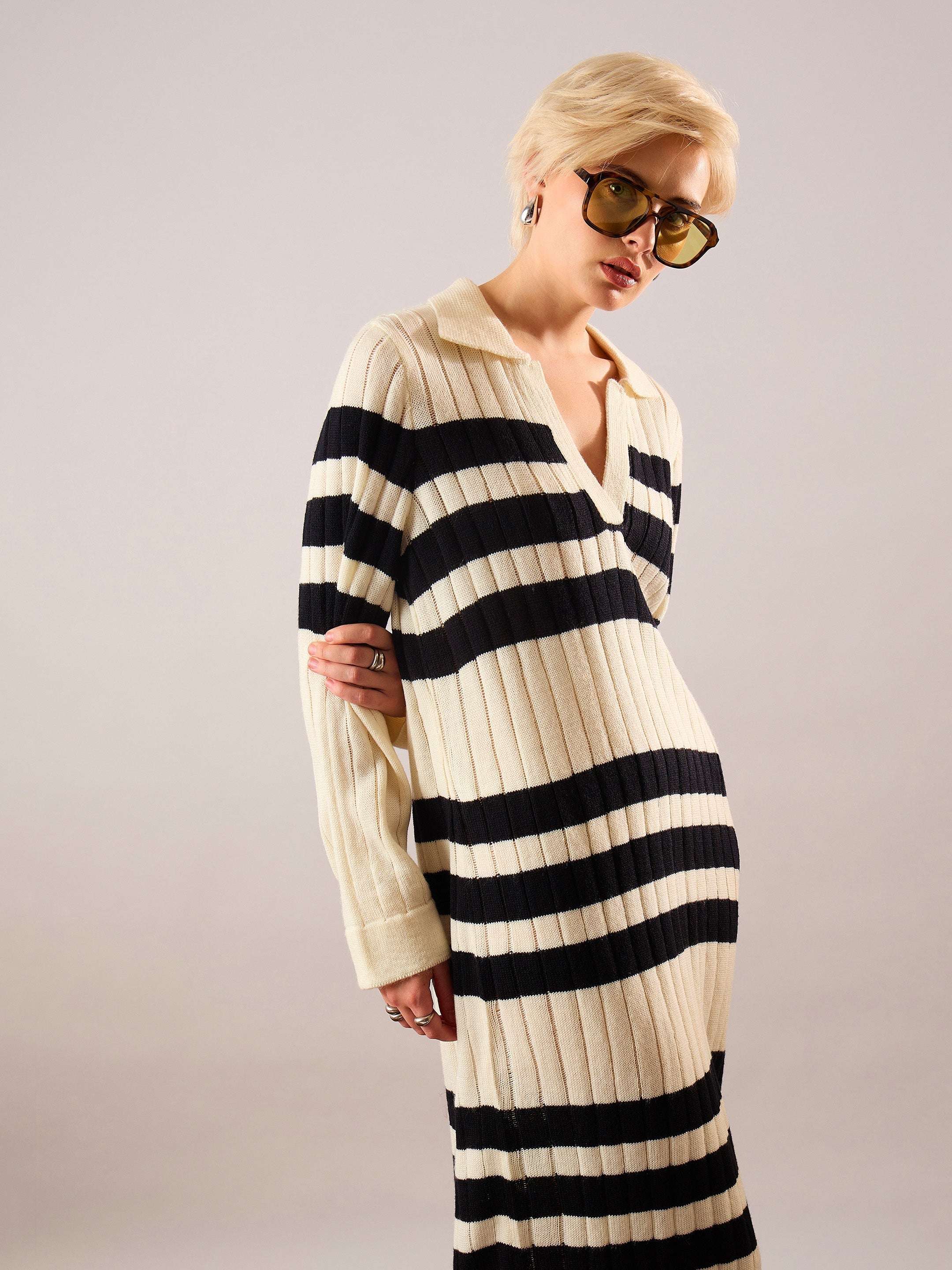 Women Black & Off White Striped Acrylic Wool Collar Midi Dress
