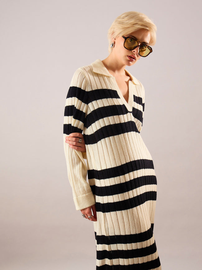 Women Black & Off White Striped Acrylic Wool Collar Midi Dress