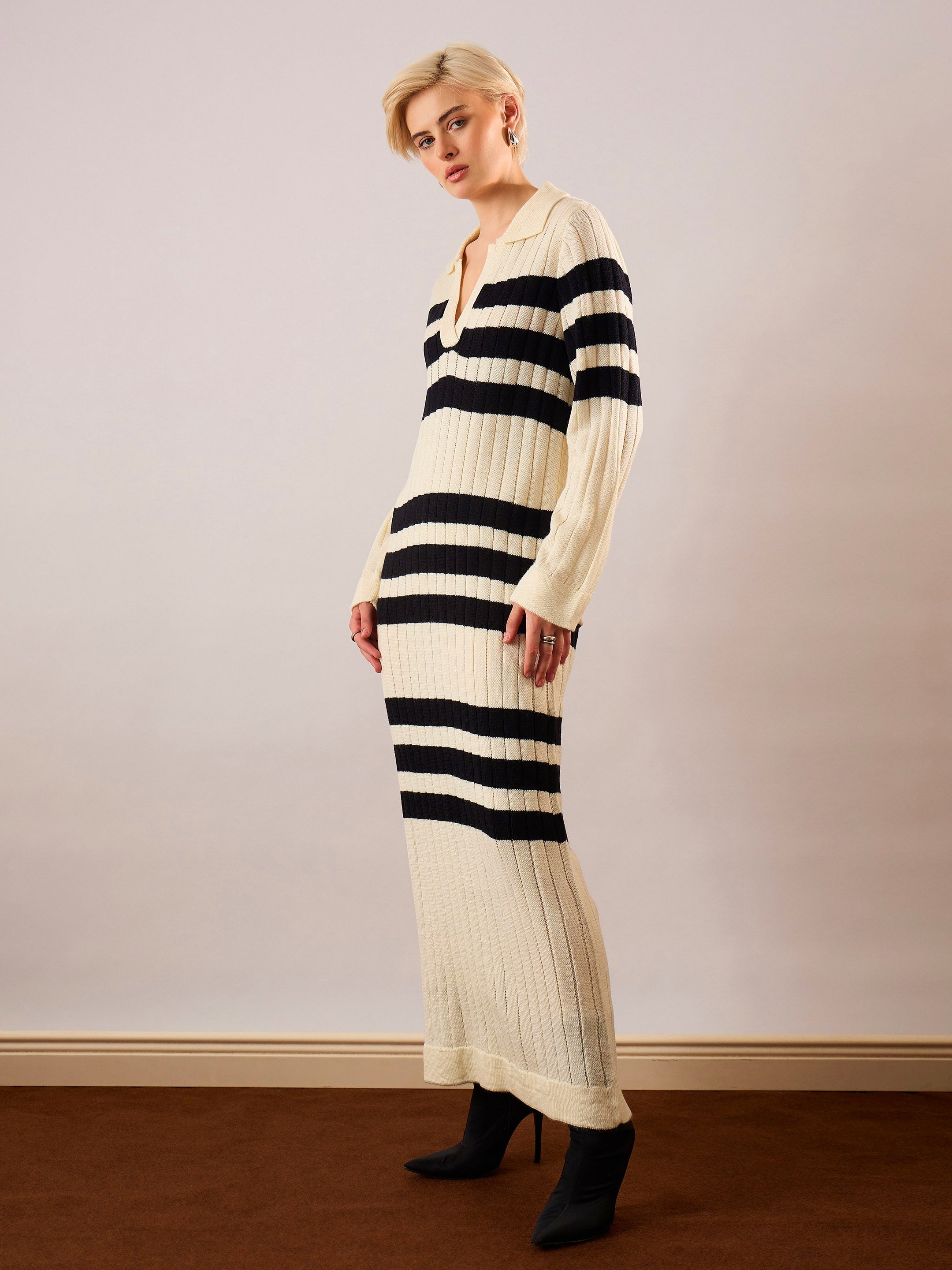 Women Black & Off White Striped Acrylic Wool Collar Midi Dress