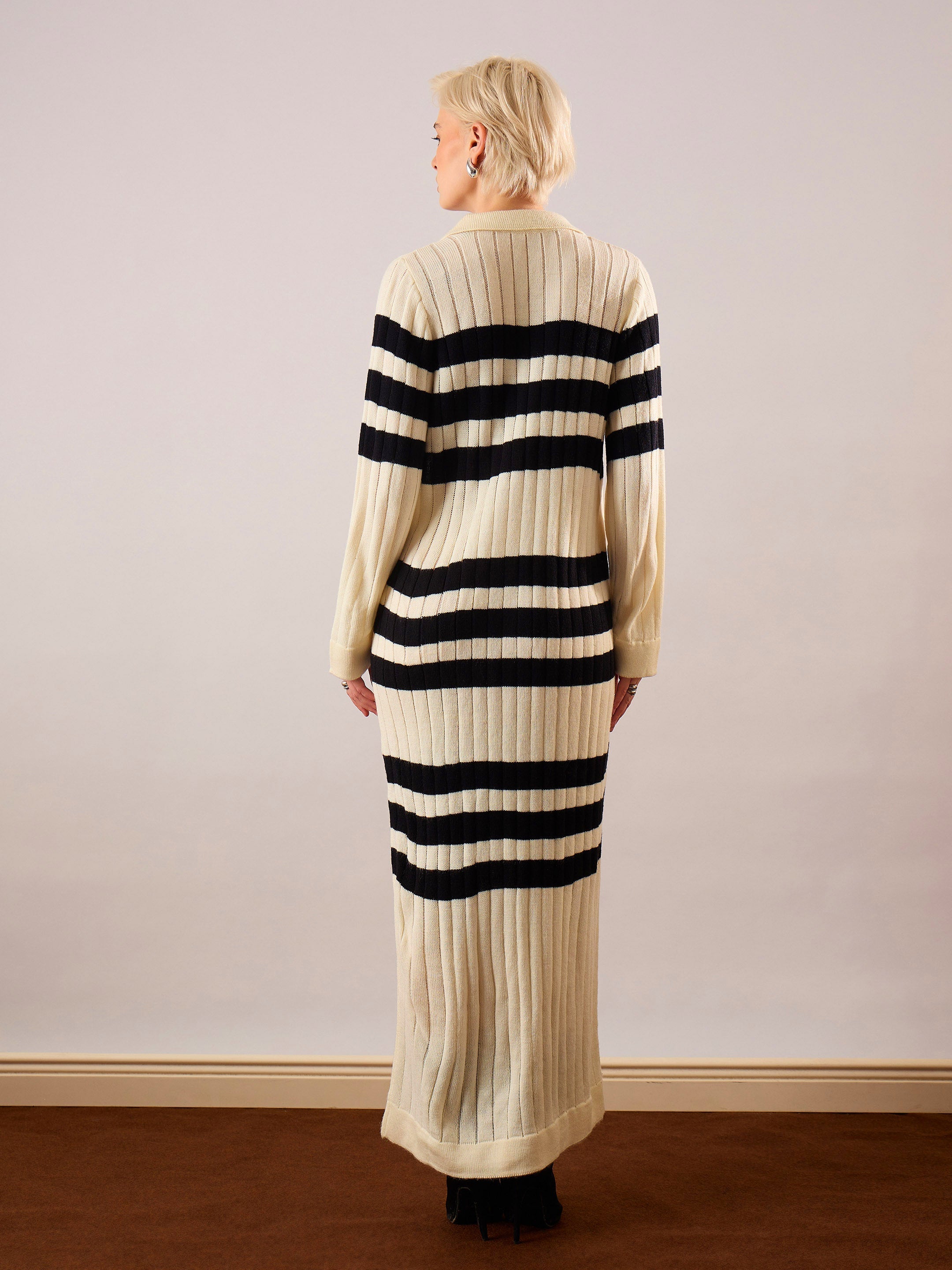 Women Black & Off White Striped Acrylic Wool Collar Midi Dress