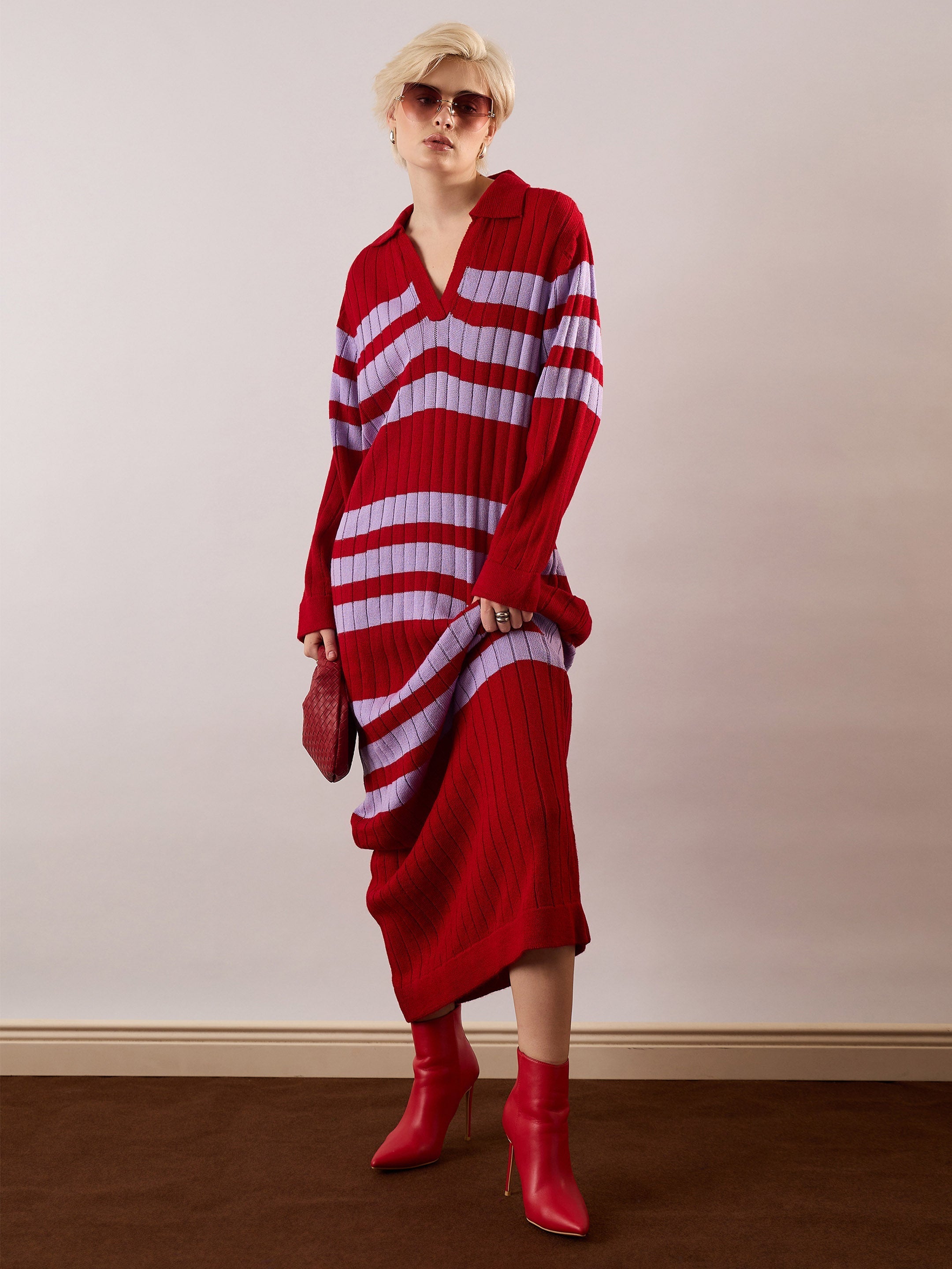 Women Red & Lavender Striped Acrylic Wool Collar Midi Dress