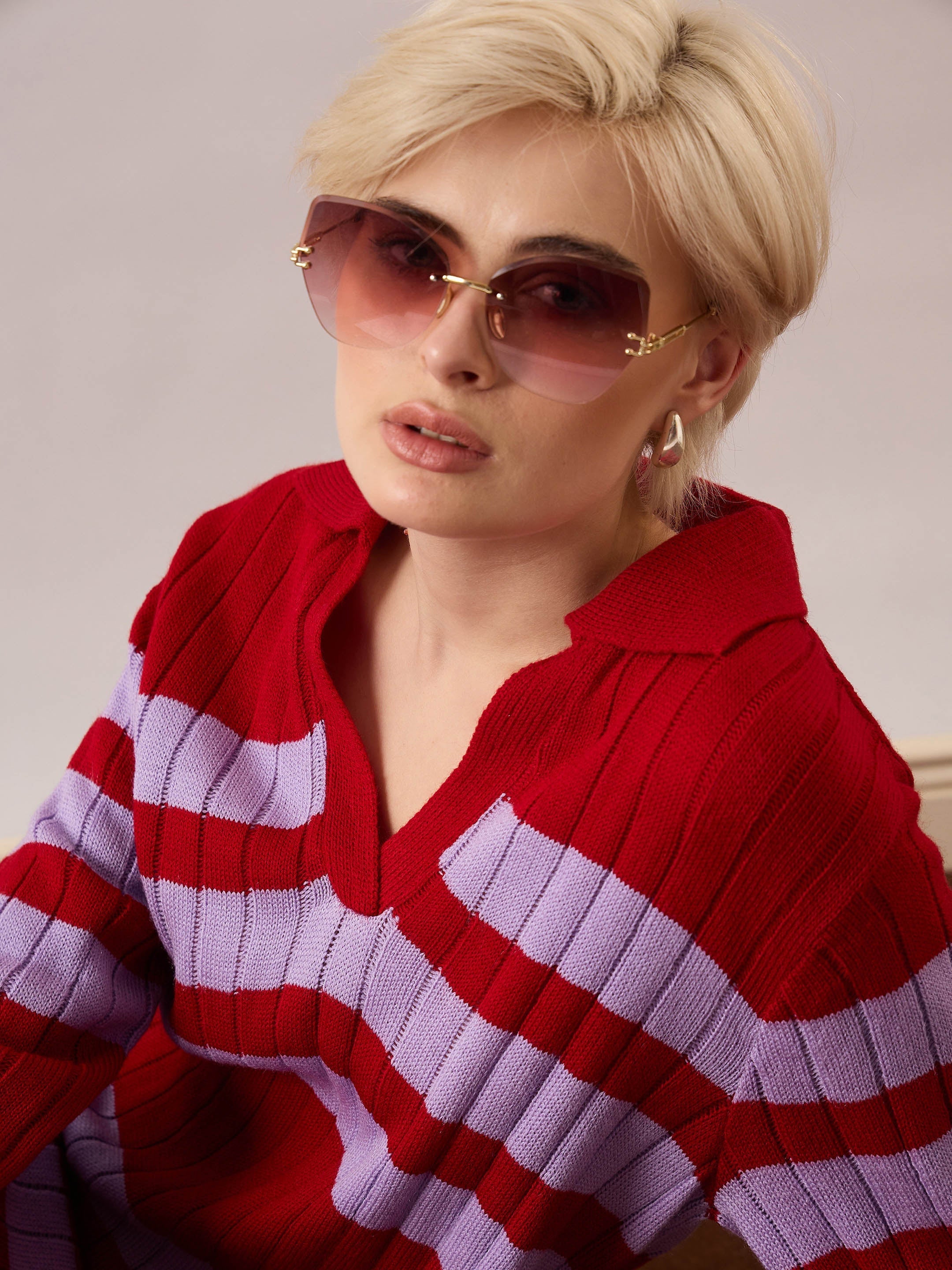 Women Red & Lavender Striped Acrylic Wool Collar Midi Dress