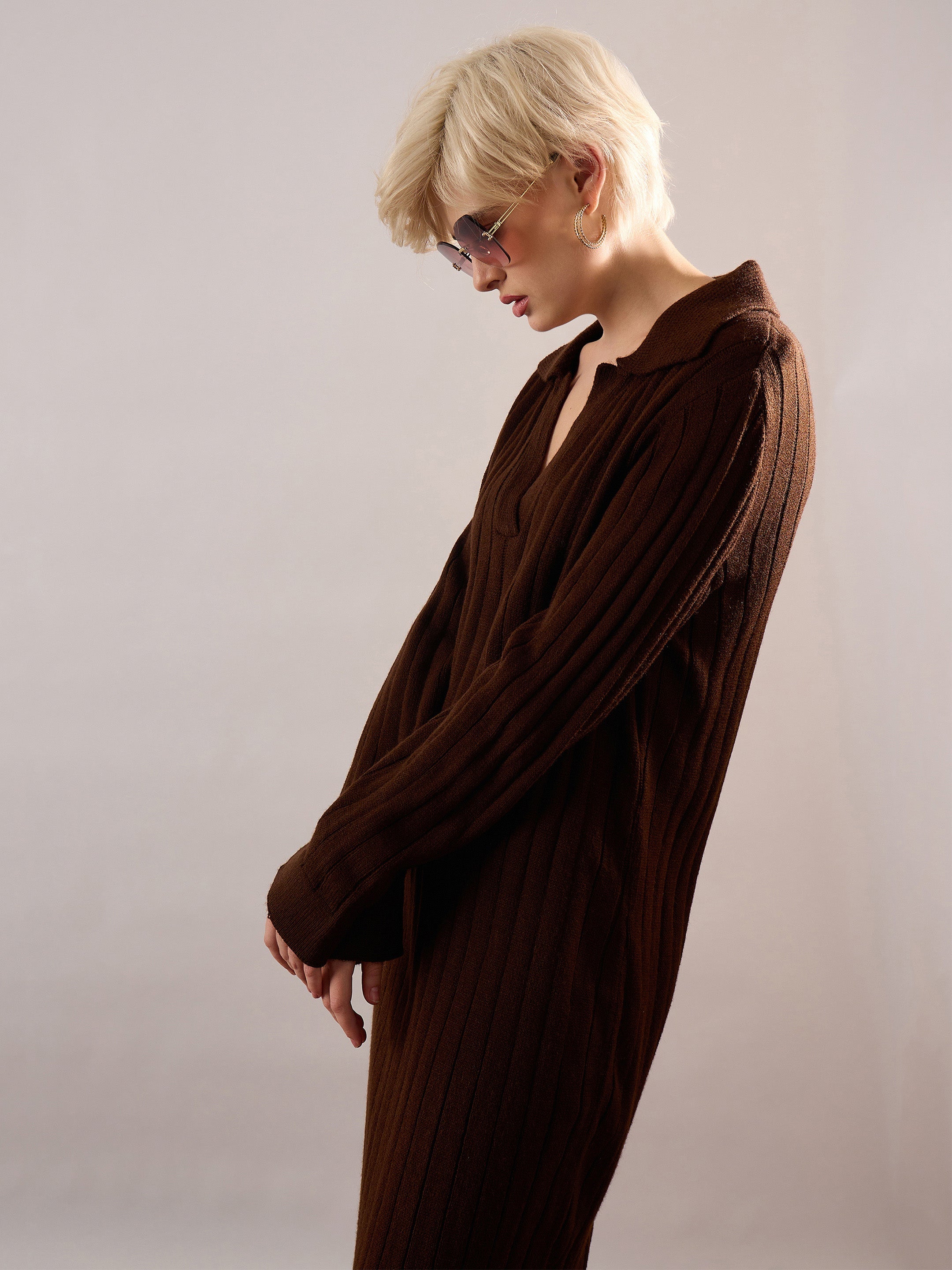 Women Brown Acrylic Wool Collar Midi Dress