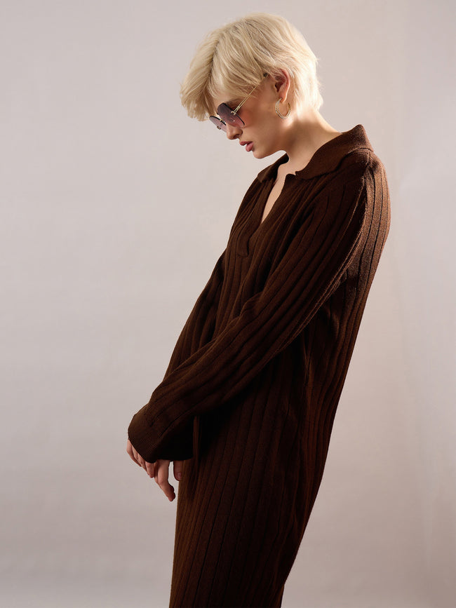 Women Brown Acrylic Wool Collar Midi Dress