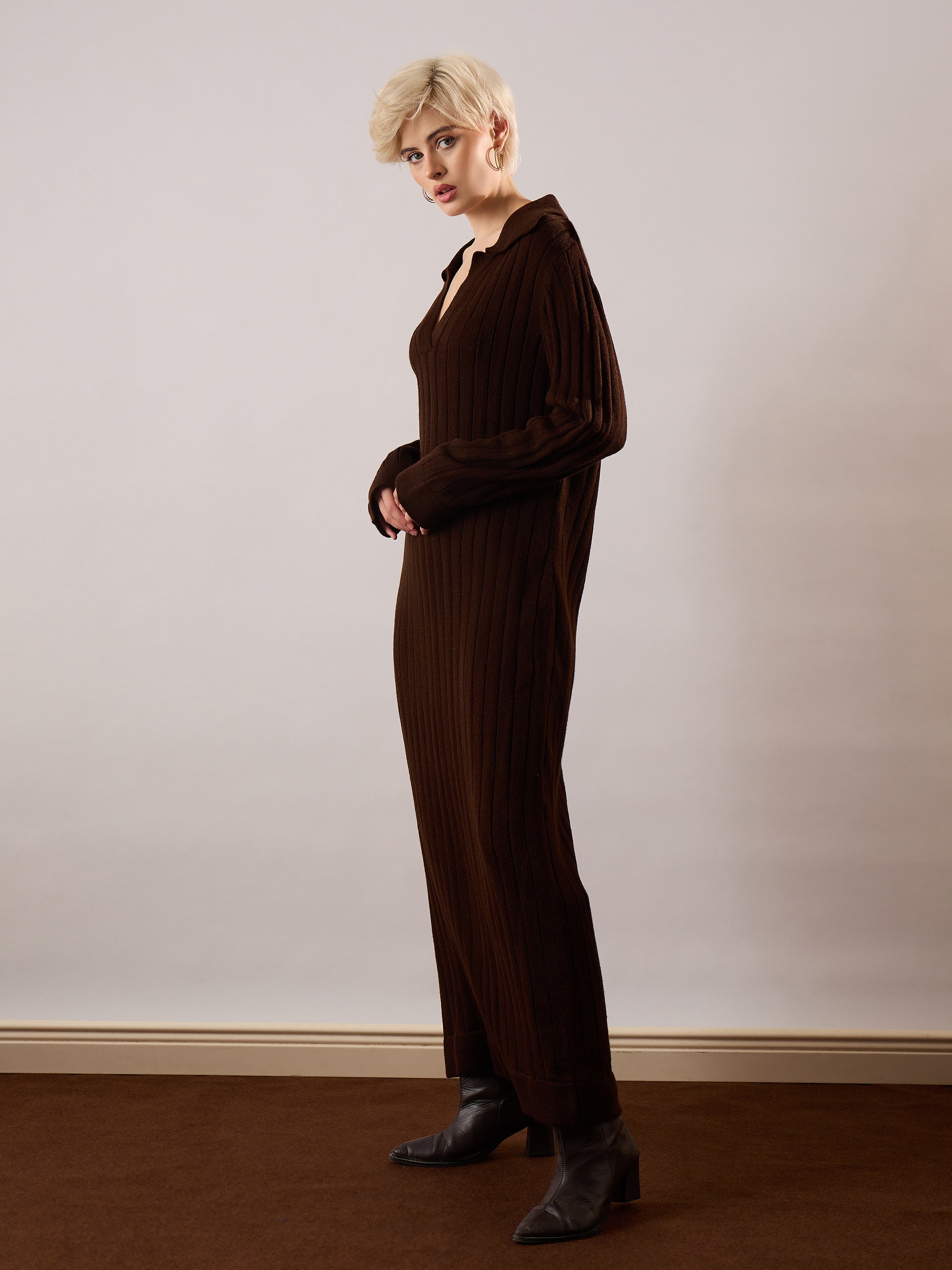 Women Brown Acrylic Wool Collar Midi Dress