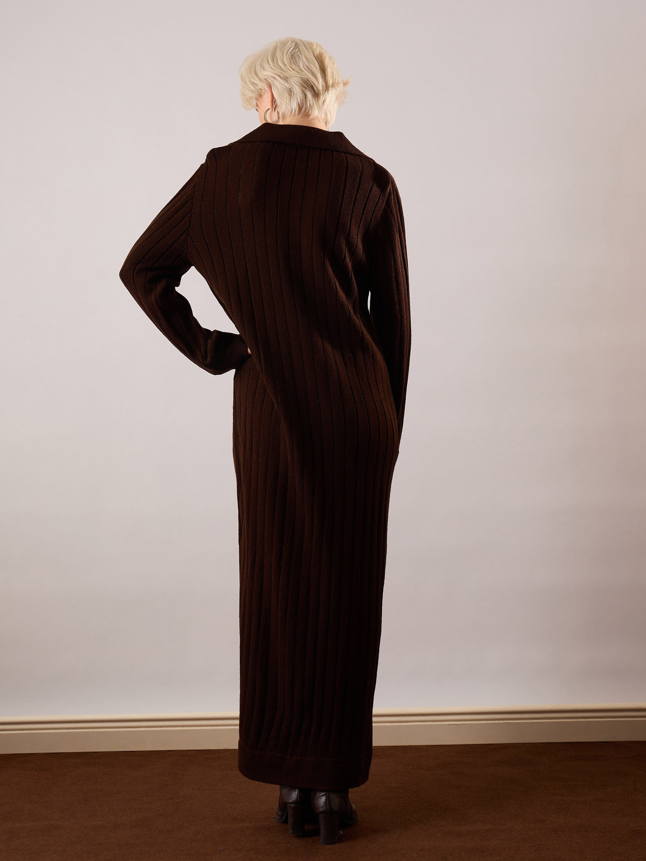 Women Brown Acrylic Wool Collar Midi Dress