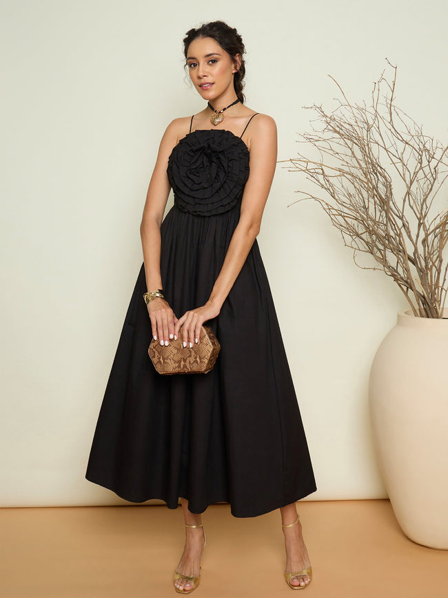 Women Black Poplin Front Corsage Strappy Maxi Dress