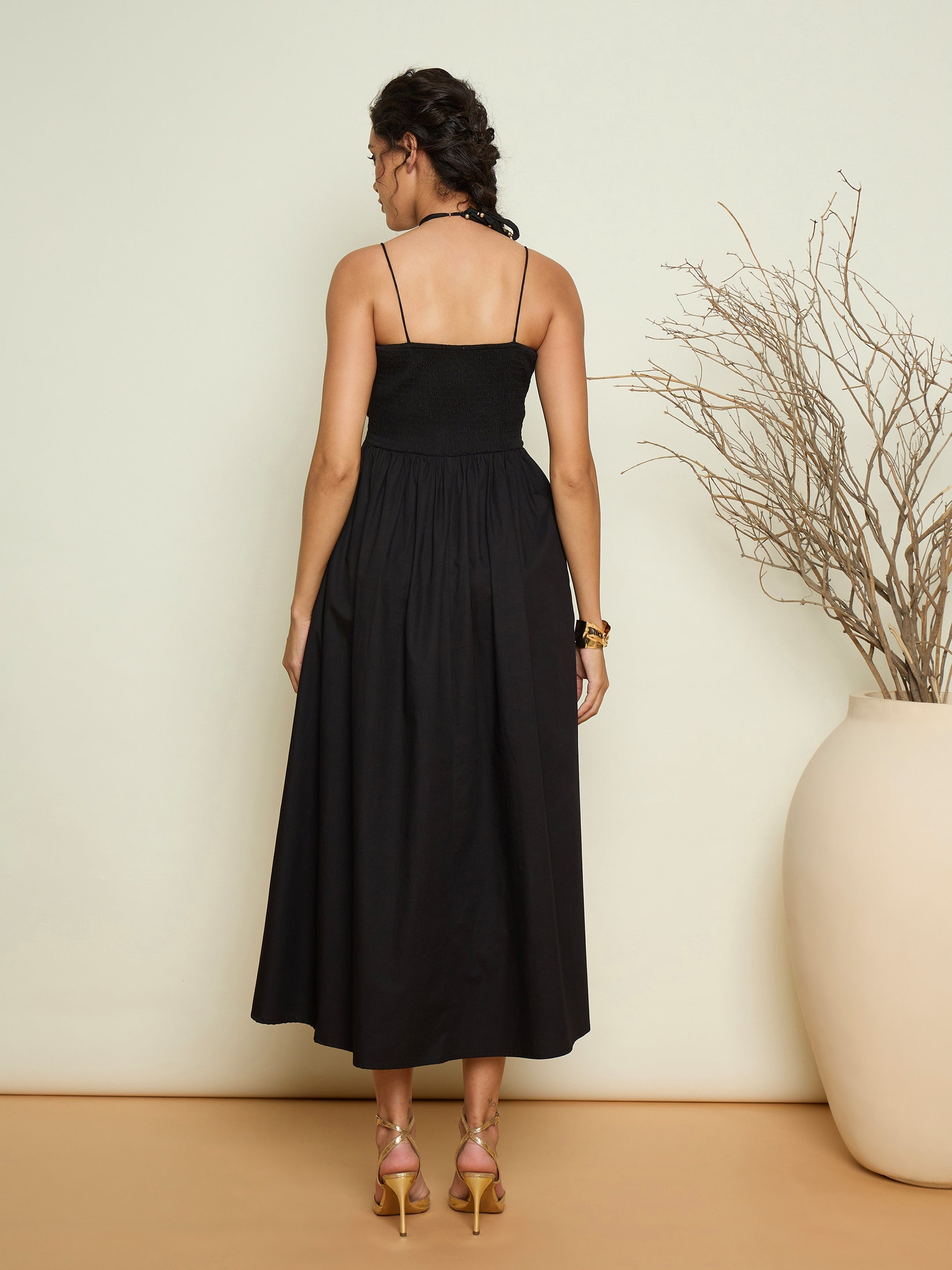 Women Black Poplin Front Corsage Strappy Maxi Dress