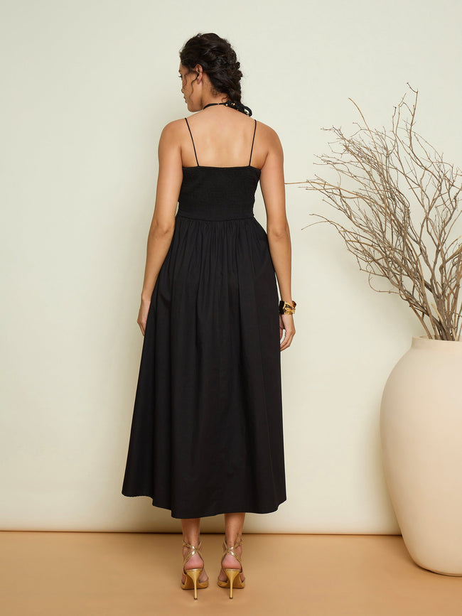 Women Black Poplin Front Corsage Strappy Maxi Dress