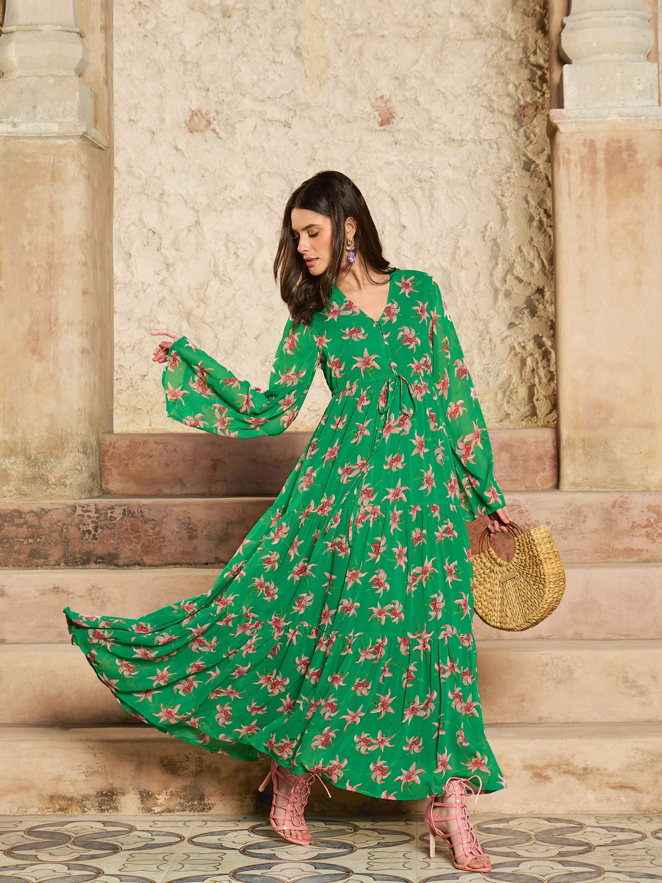 Women Green Floral V-Neck Front Drawstring Maxi Dress