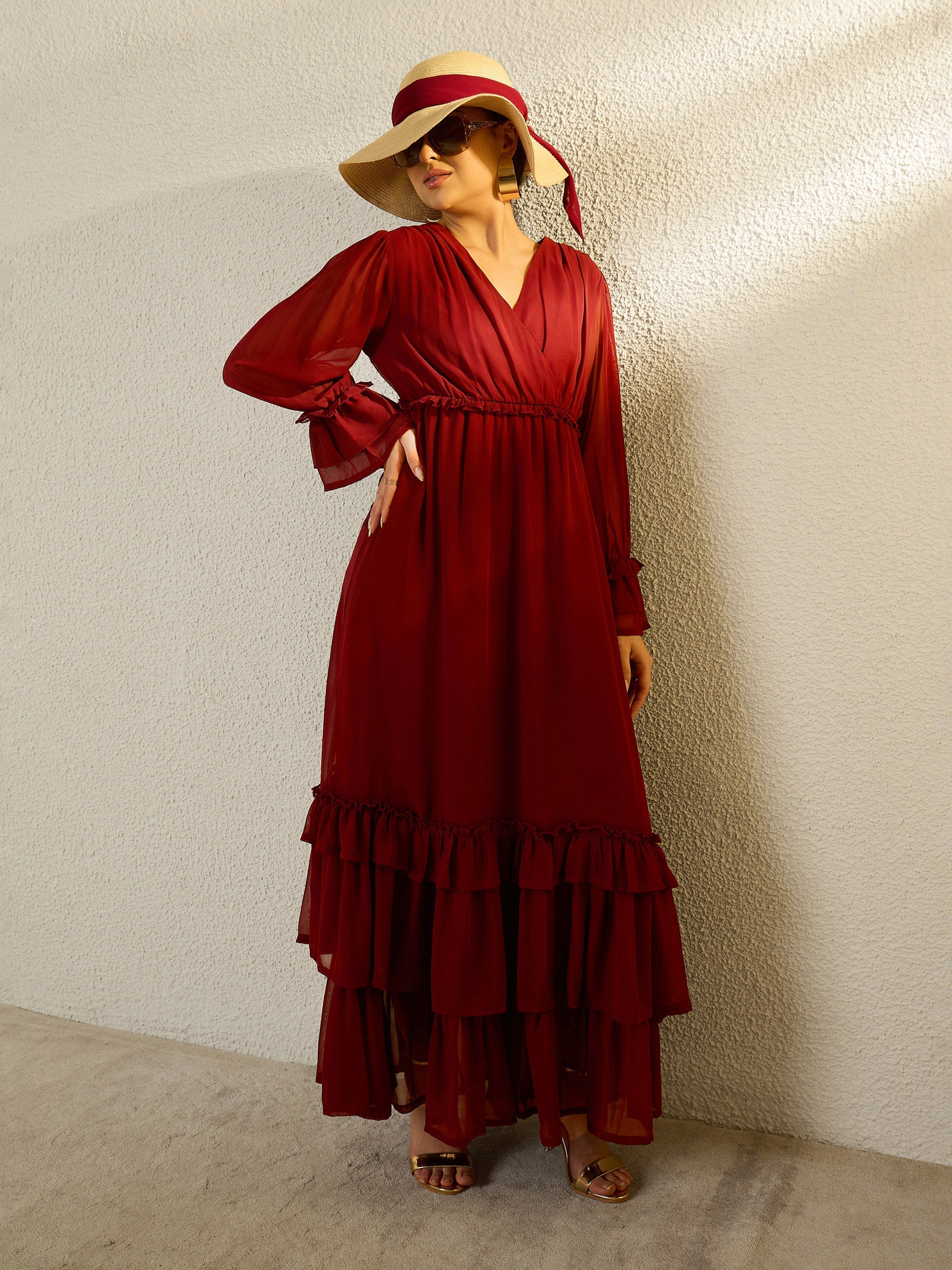 Women Maroon V-Neck Flared Maxi Dress