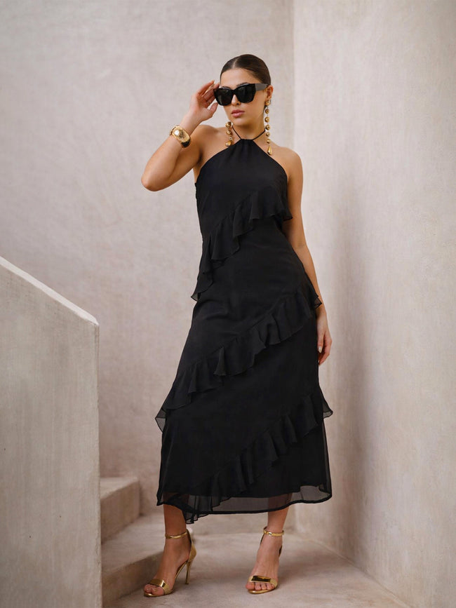 Women Black Halter Neck Maxi Dress