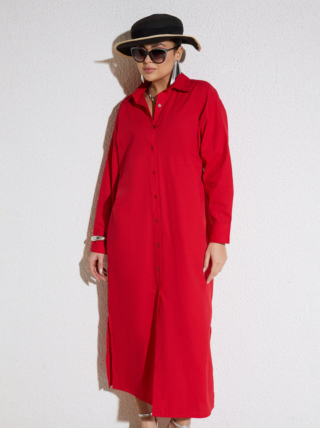 Women Red Poplin Longline Shirt Dress