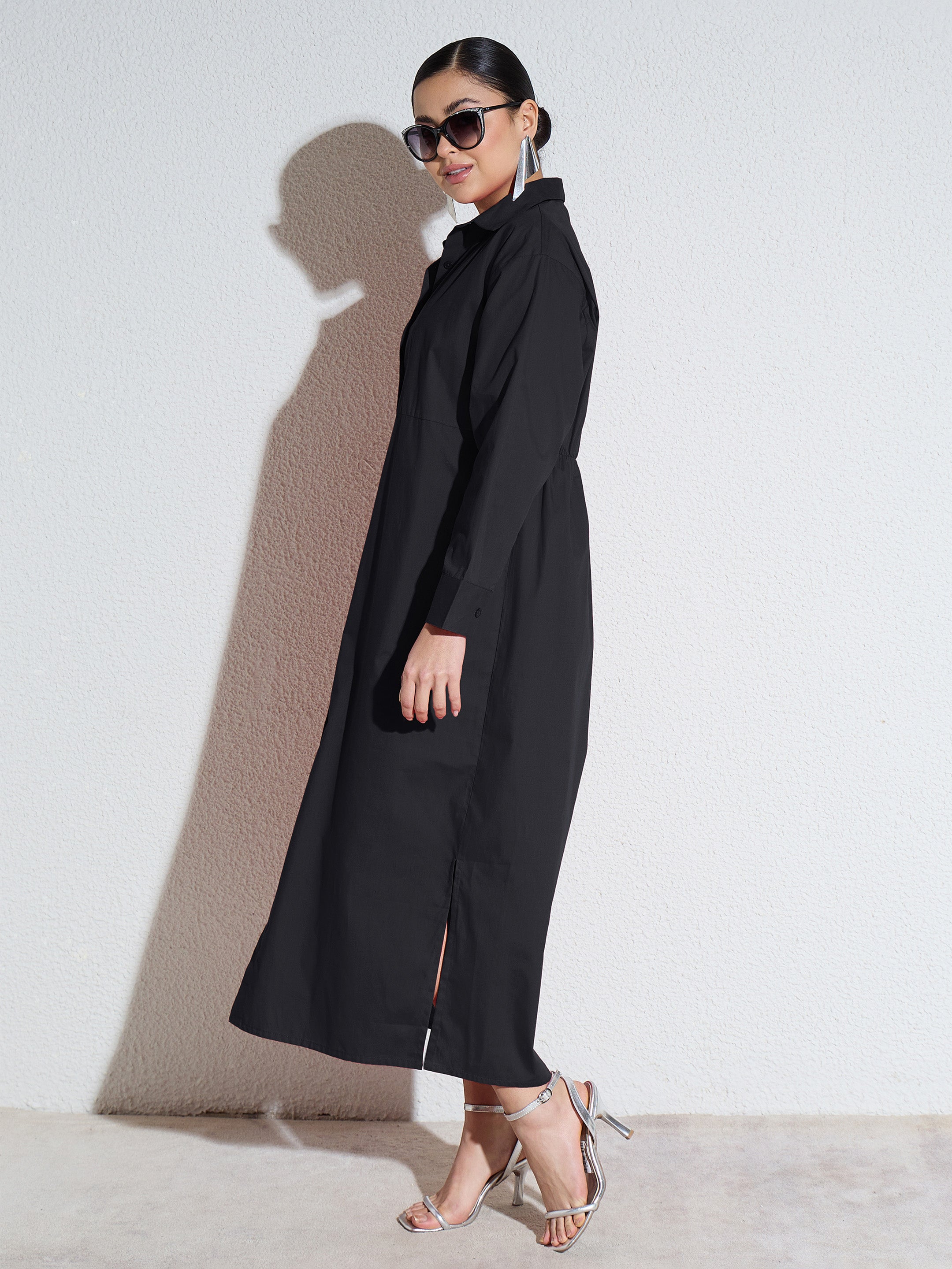 Women Black Poplin Longline Shirt Dress