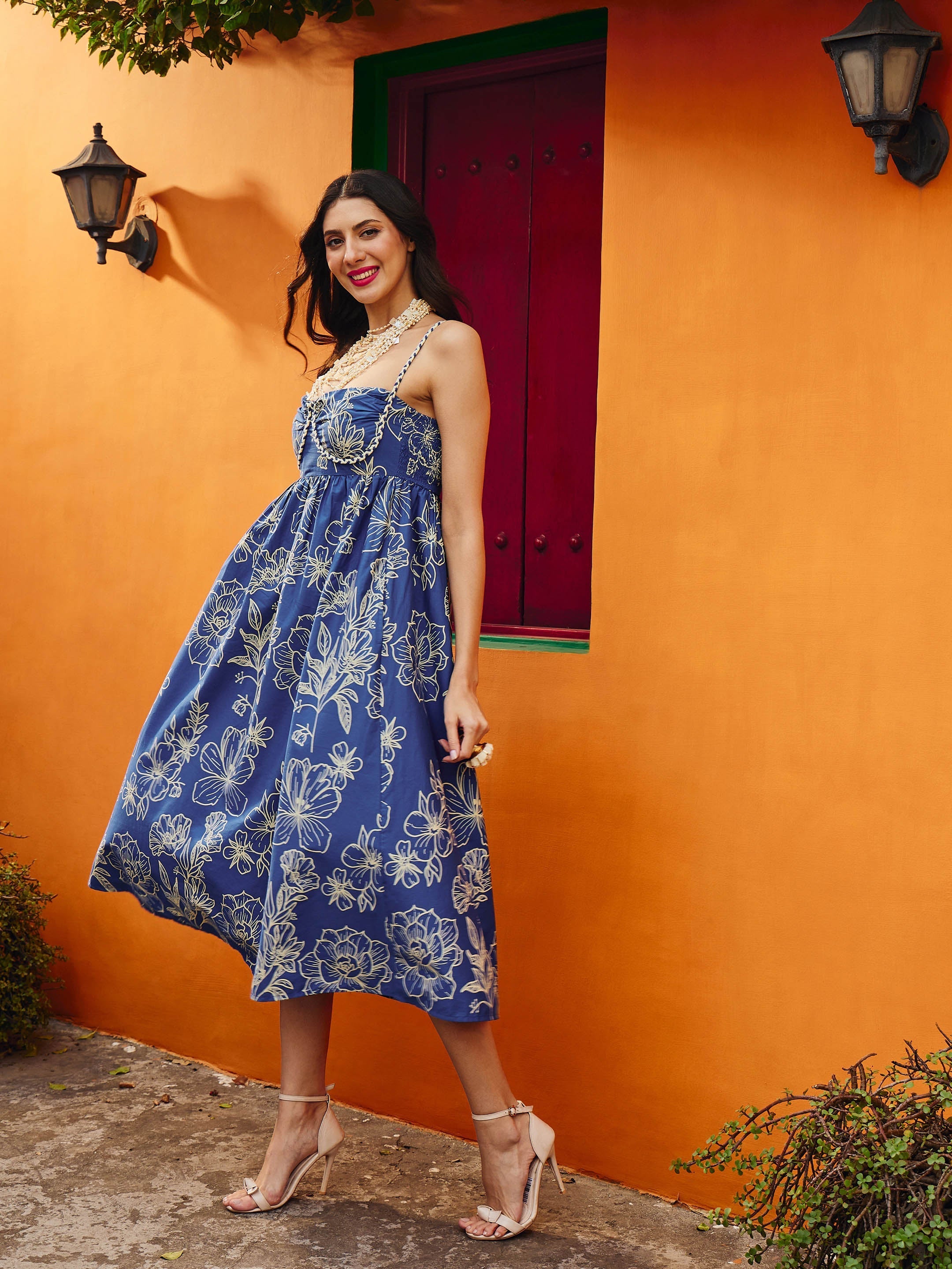 Women Blue & Off White Floral Strappy Midi Dress
