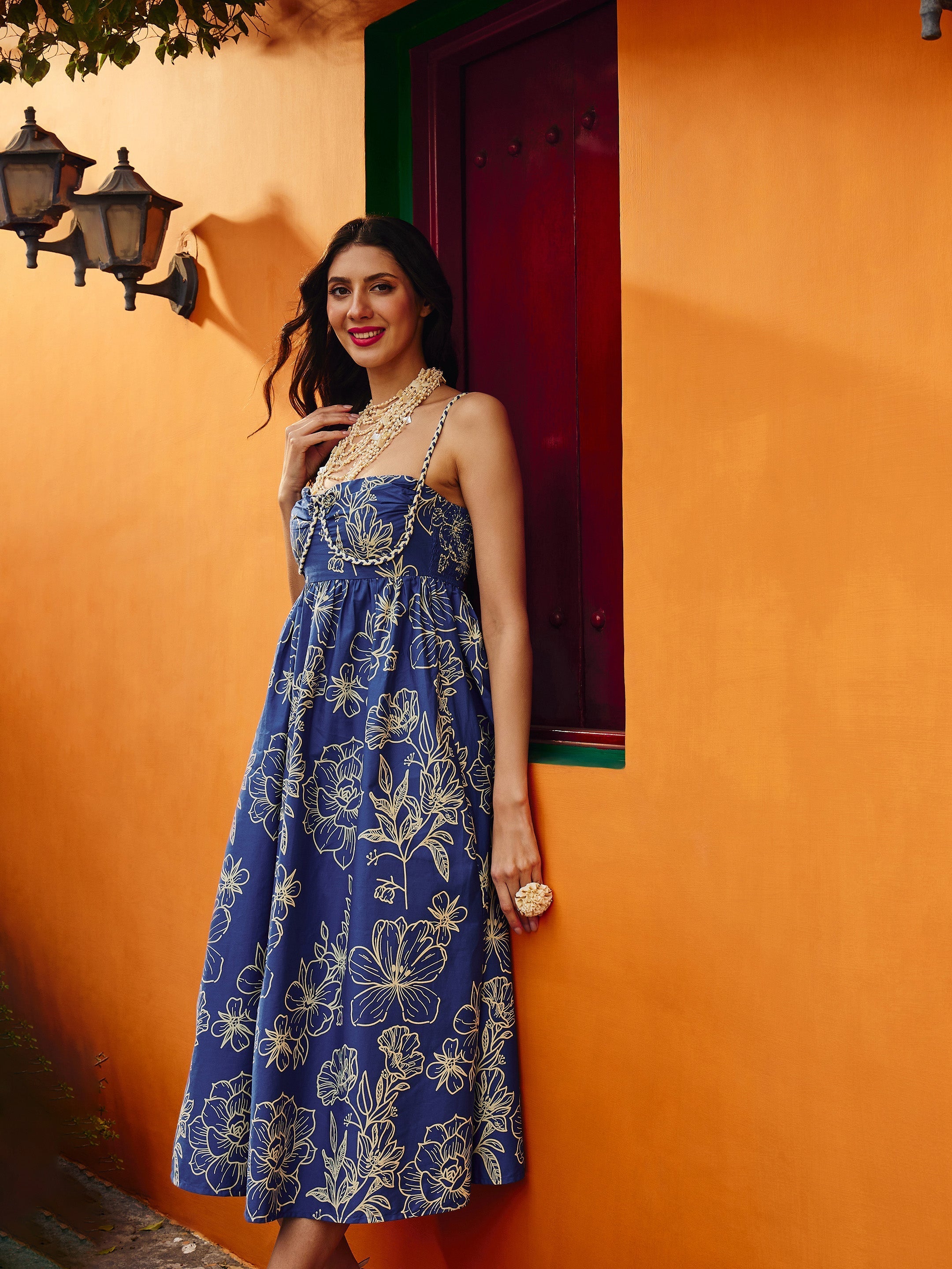 Women Blue & Off White Floral Strappy Midi Dress