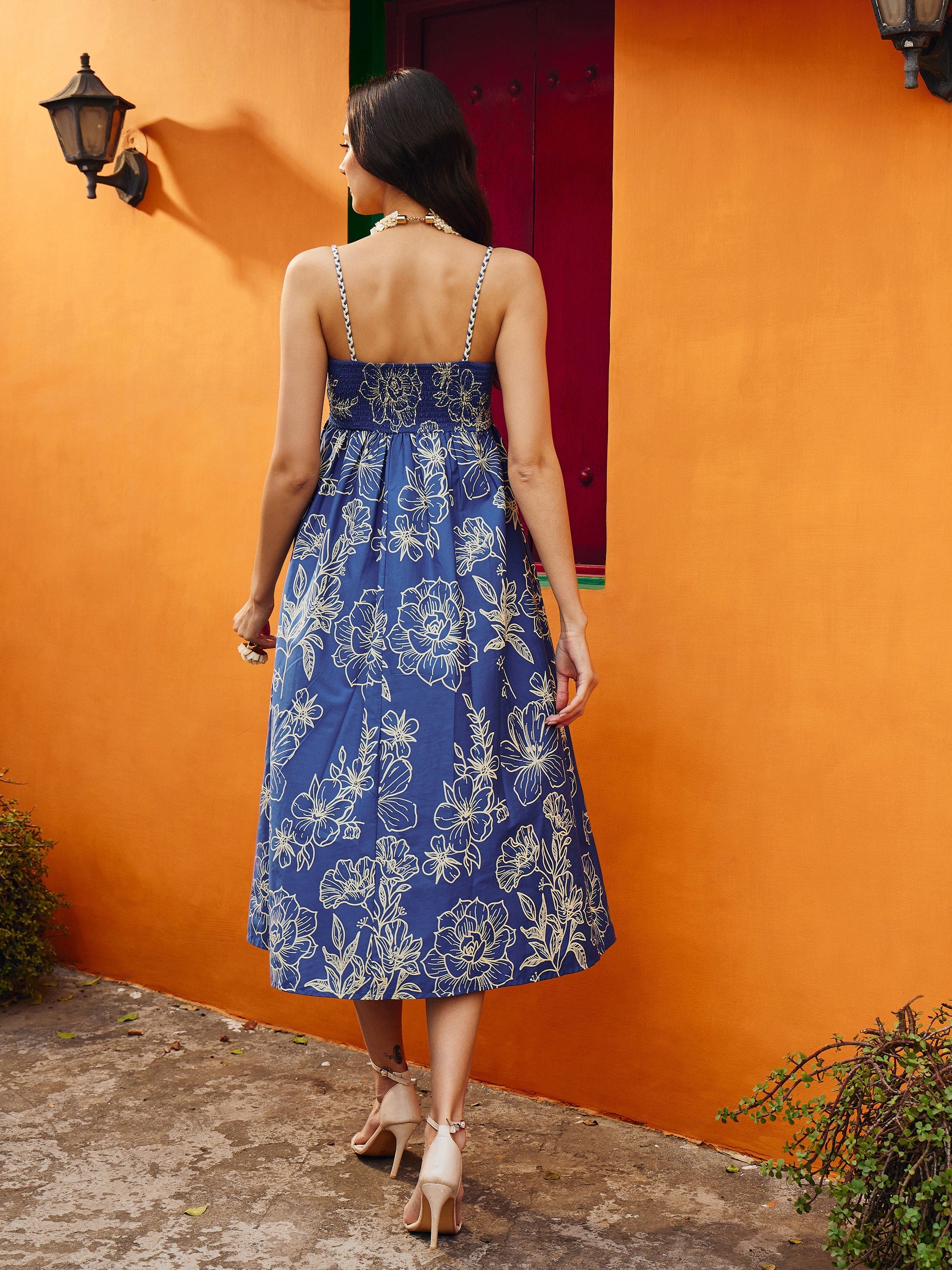 Women Blue & Off White Floral Strappy Midi Dress