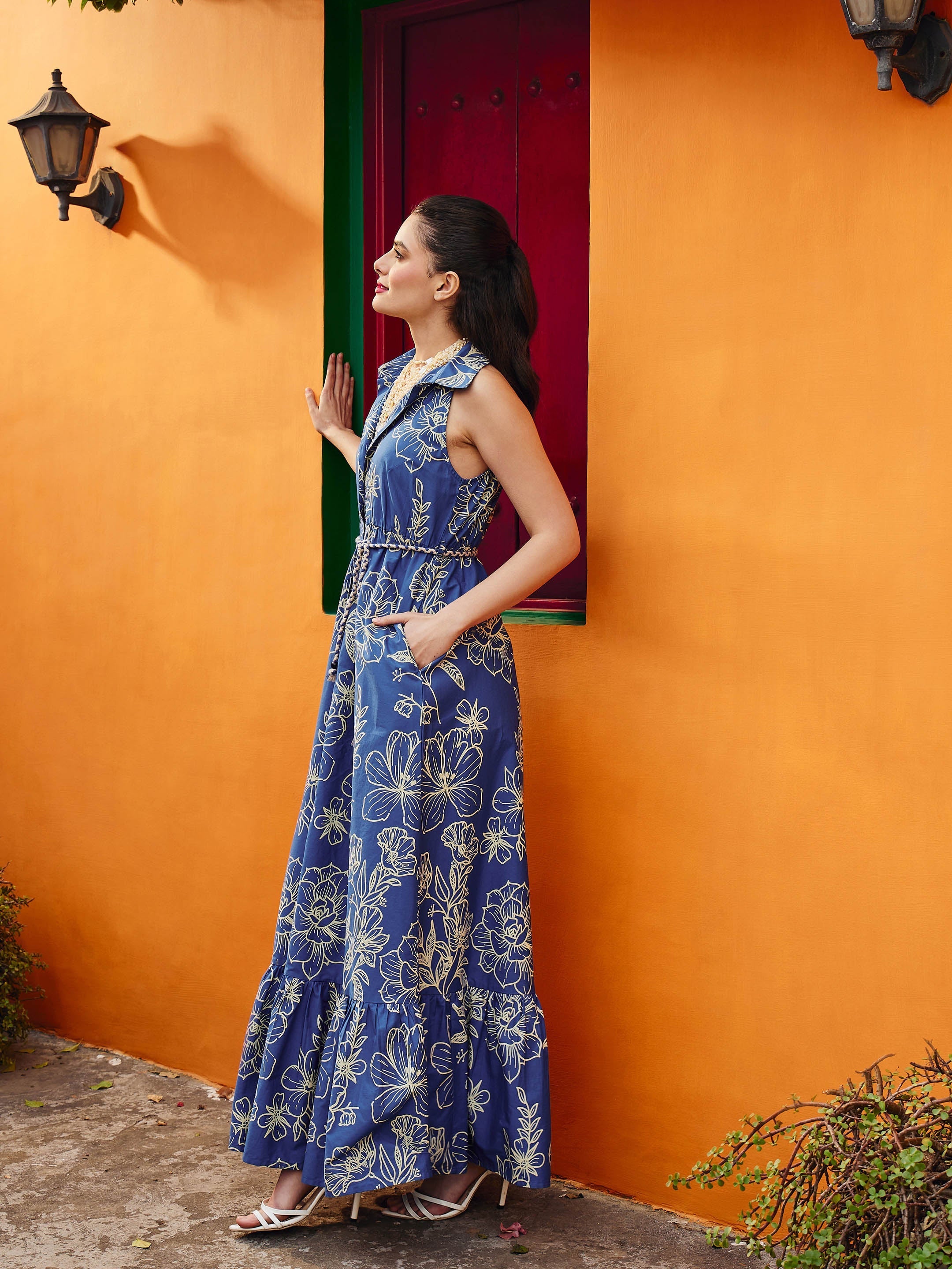 Women Blue & Off White Floral Front Button Maxi Dress