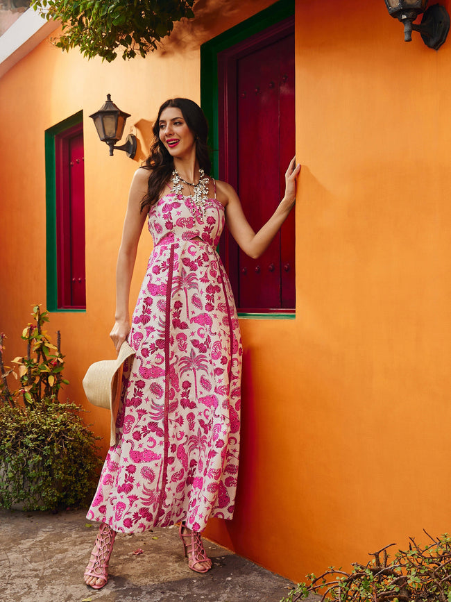 padded midi dress Women Pink Floral Strappy Padded Midi Dress – FYVA