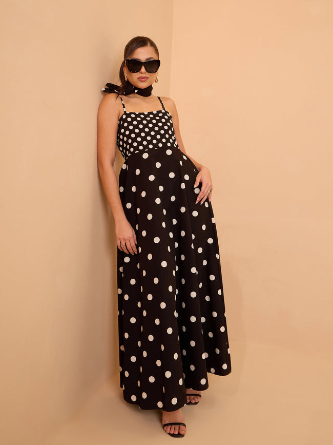 Women Black & White Polka Dot Strappy Maxi Dress
