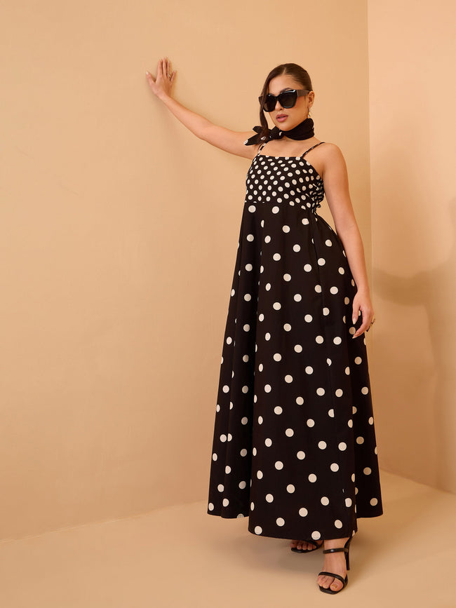 Women Black & White Polka Dot Strappy Maxi Dress