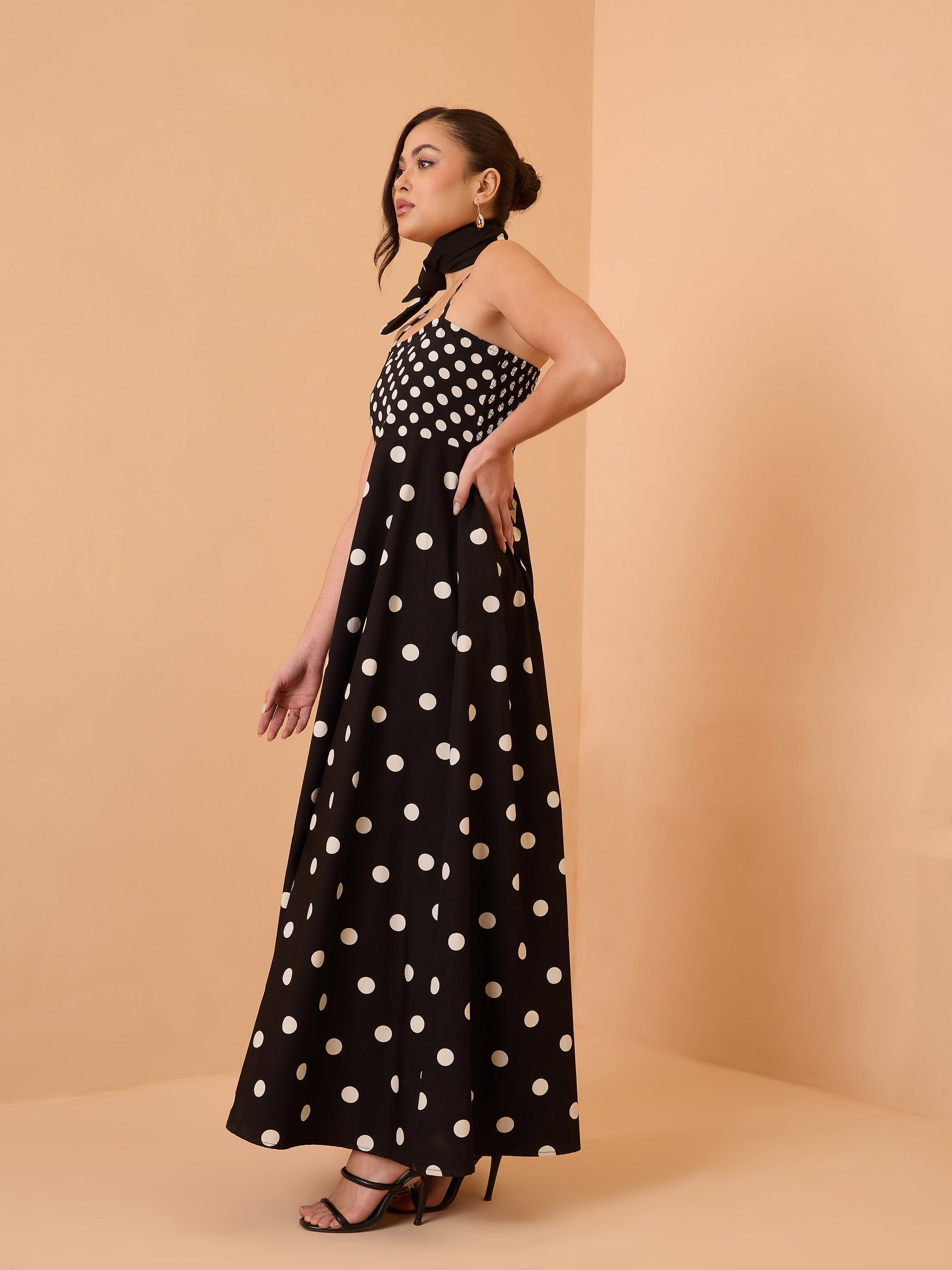 Women Black & White Polka Dot Strappy Maxi Dress