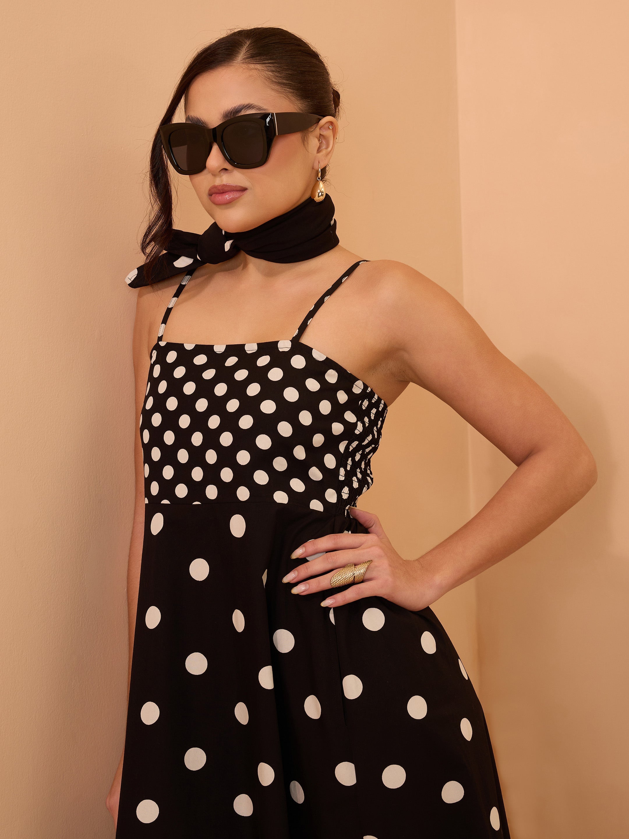 Women Black & White Polka Dot Strappy Maxi Dress