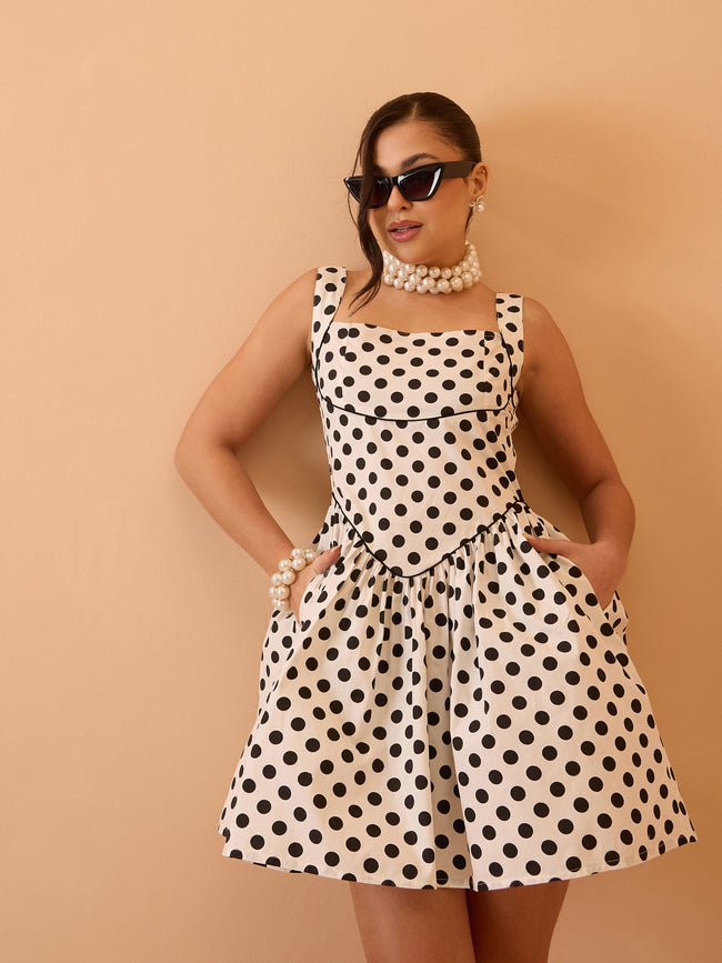 Women White & Black Small Polka Dot Strappy Short Dress