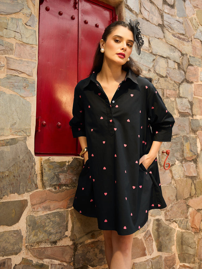 Women Black & Pink Heart Print Collar Neck Short Dress
